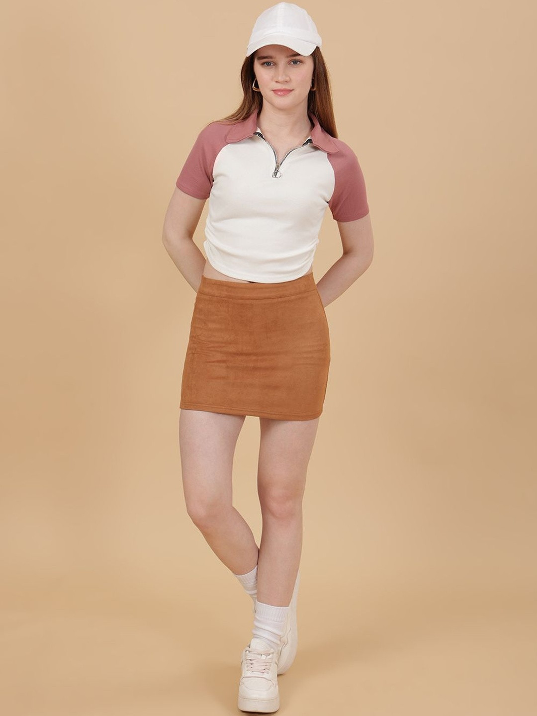 Moda Rapido Women Peach & White Cotton Solid Crop Tank Tops