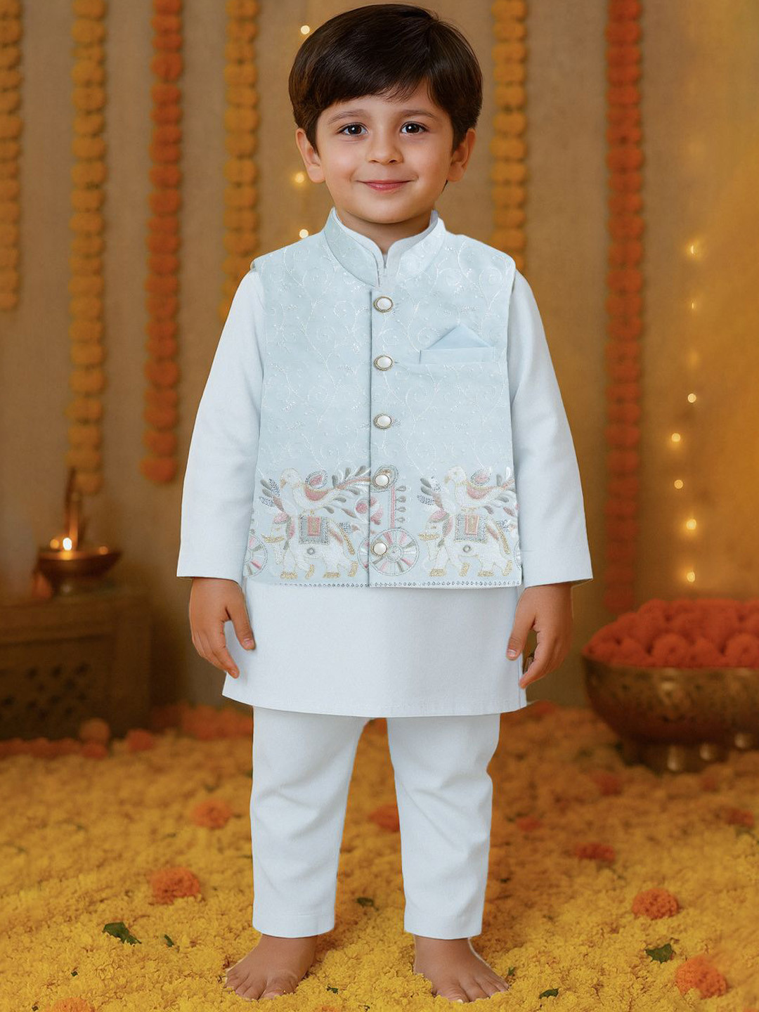 Kidbea Boys Ethnic Kurta Pajama Set with Embroidered Nehru Jacket