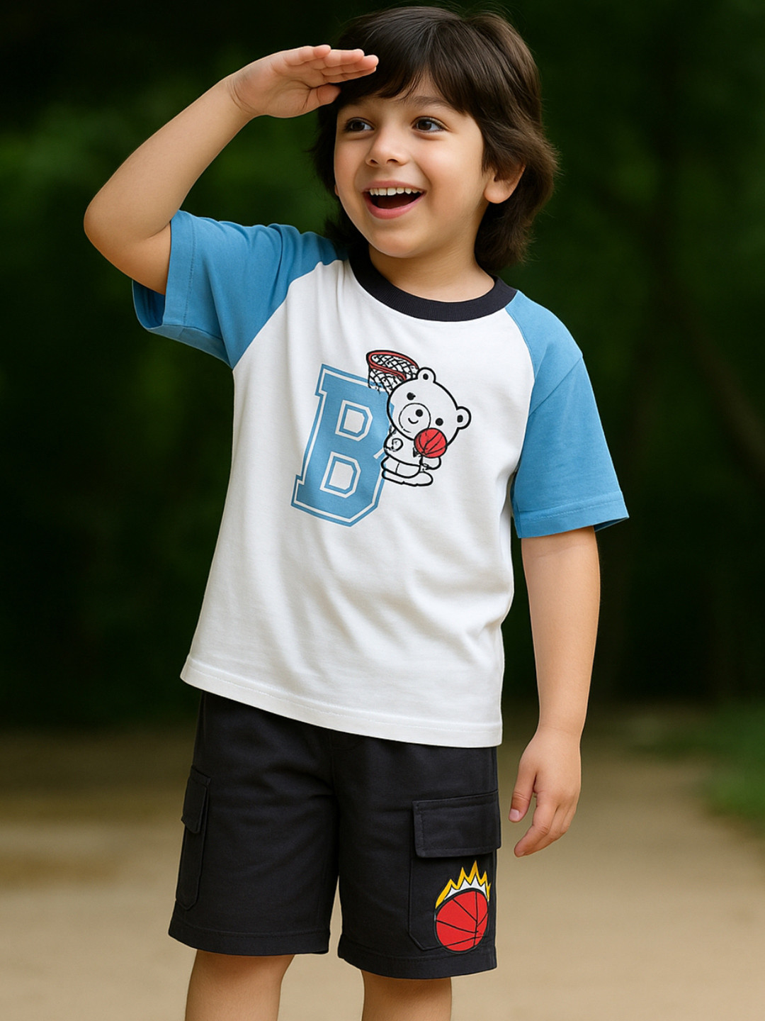 Nap Chief Kids Unisex Bear Basketball Printed Pure Cotton T-Shirt With Shorts