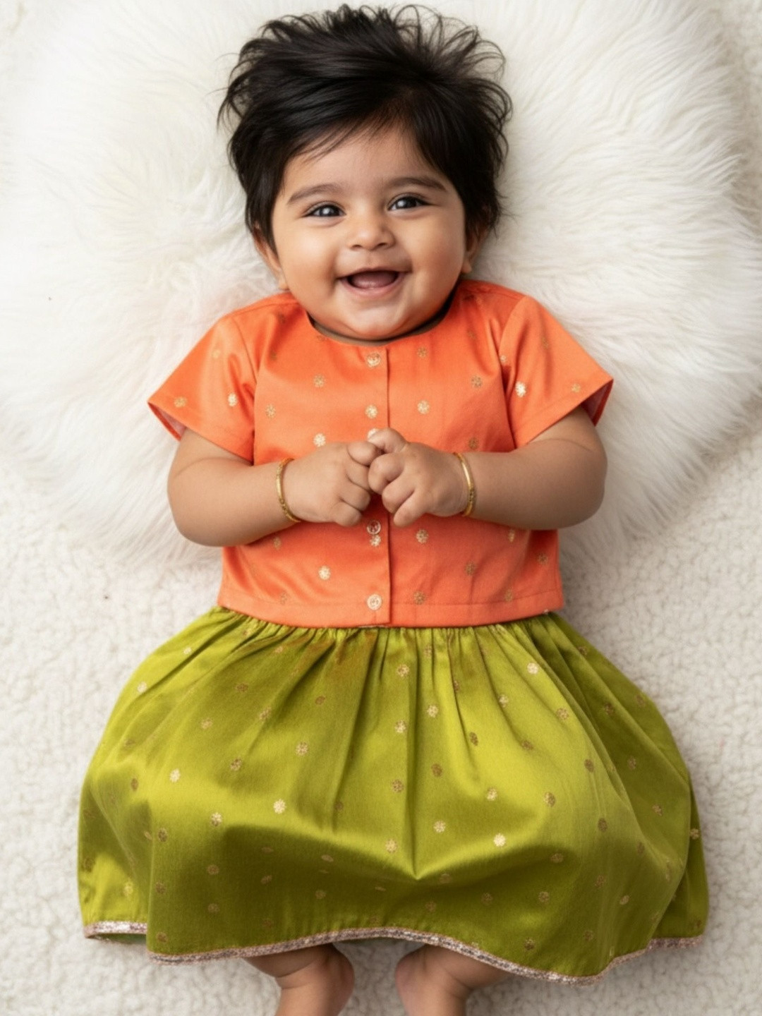 Sangria Girl Silk Green Zari Lehenga with Orange Blouse