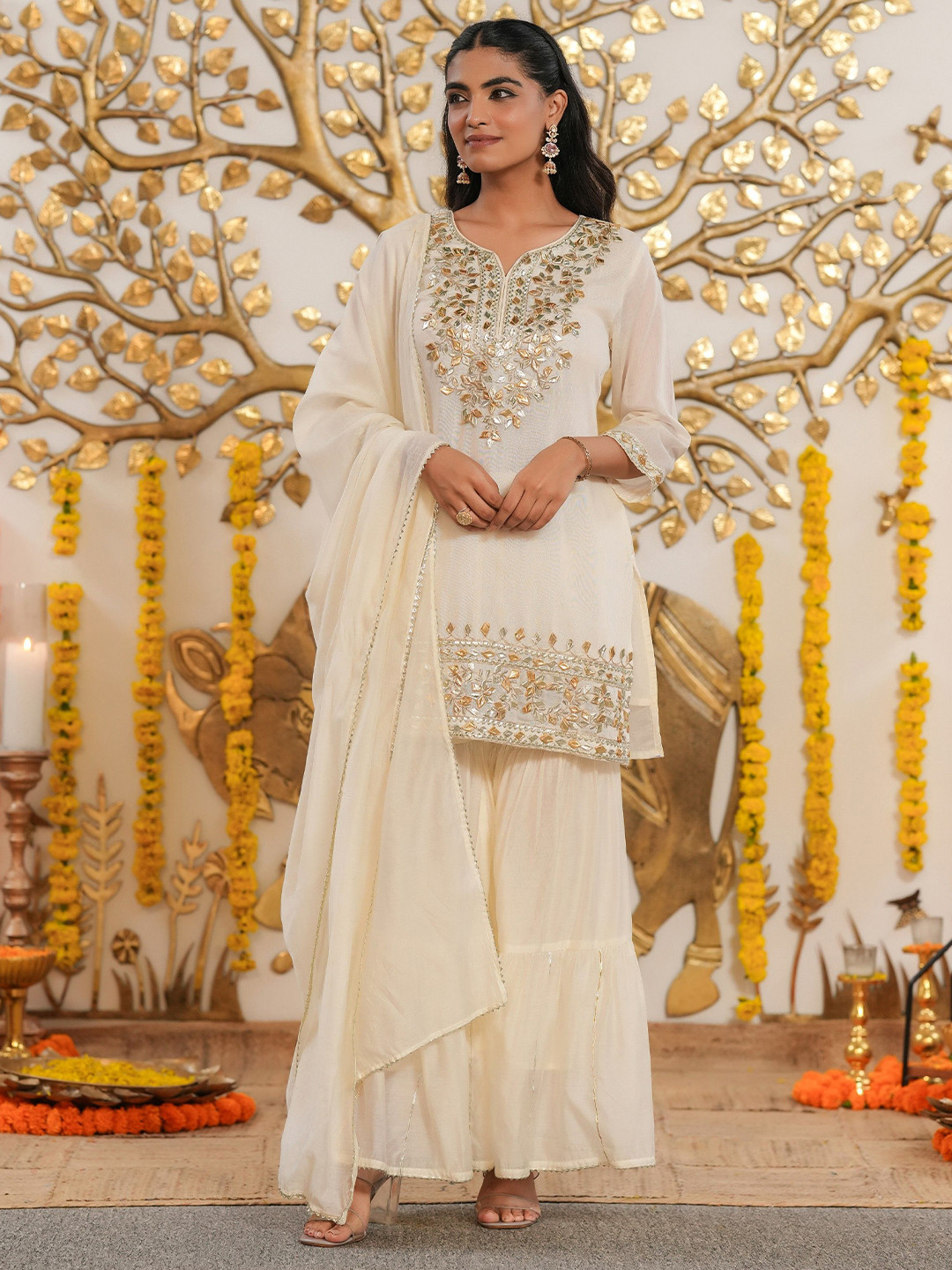 SCAKHI Floral Embroidered Mul Chanderi Gota Patti Kurti With Sharara & Dupatta