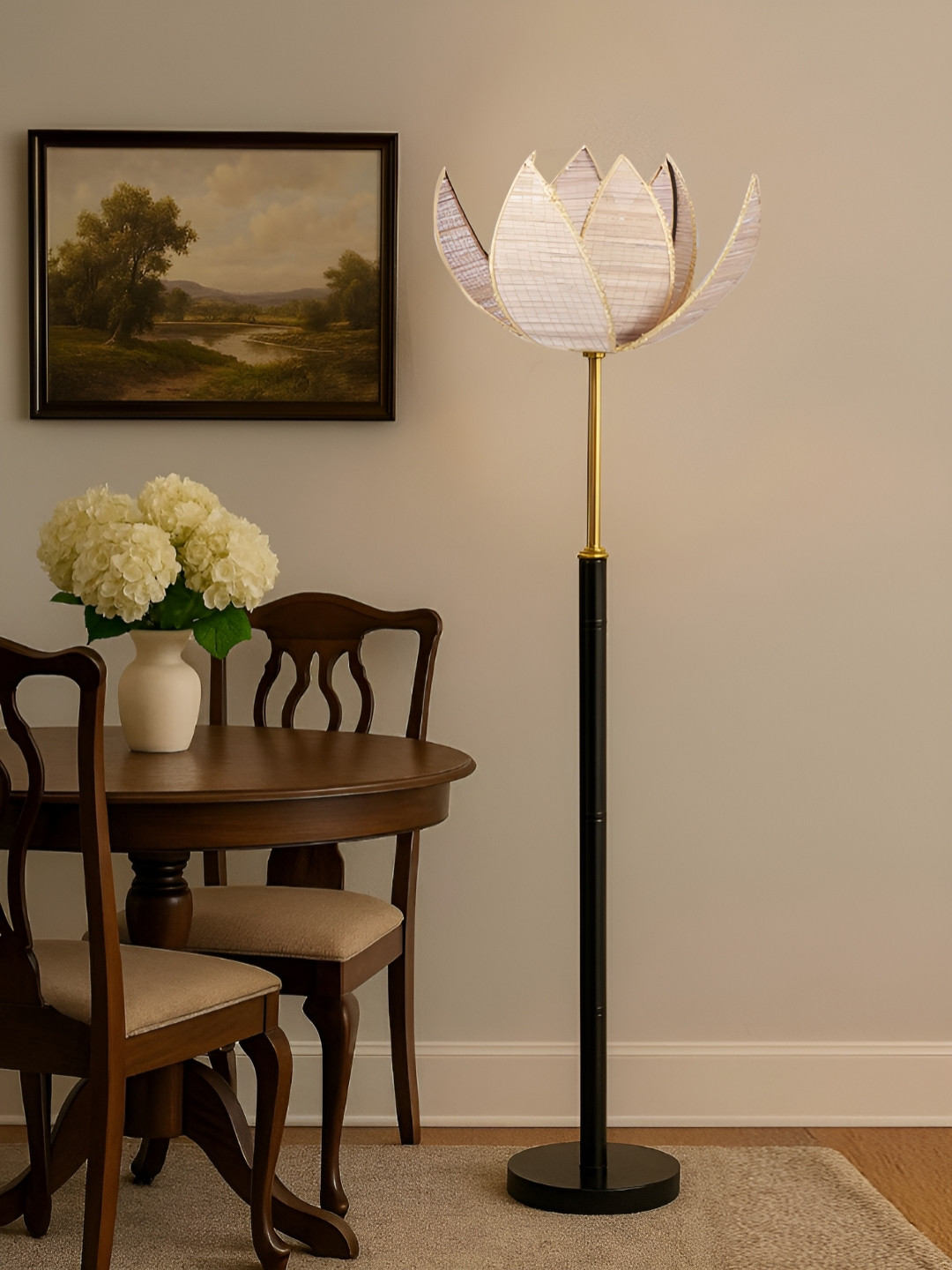 Devansh Beige & Black Rose Bamboo Shade With Wooden Base Floor Lamp