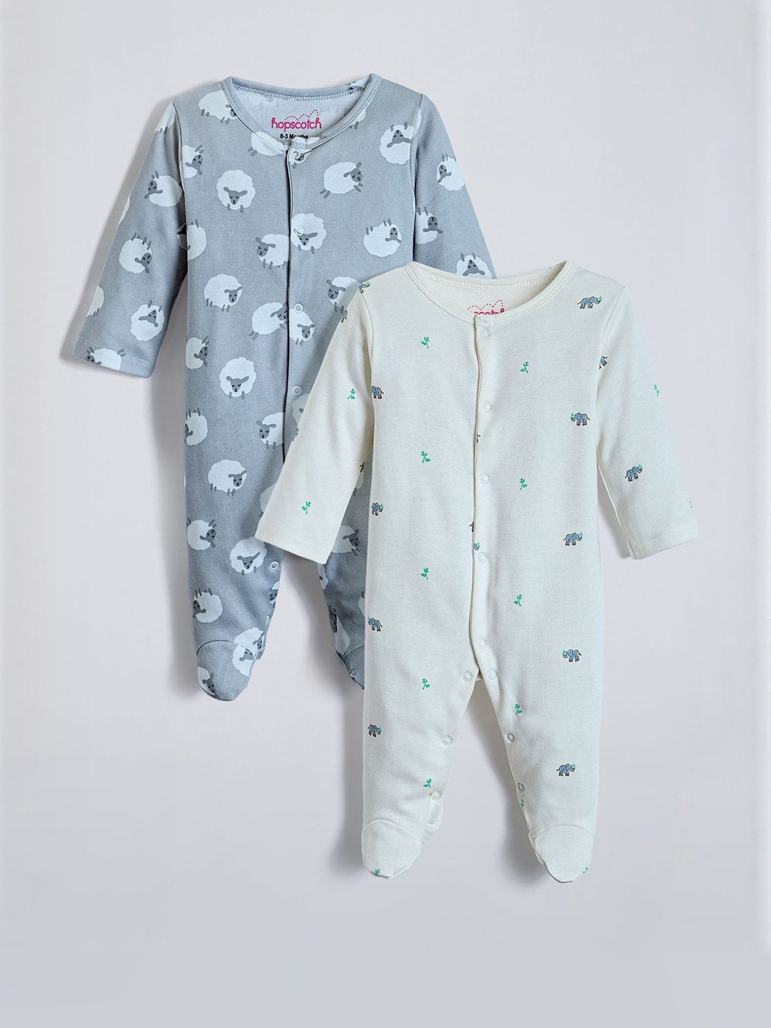 Hopscotch Boys Pack Of 2 Cotton Printed Long Sleeve Bodysuits