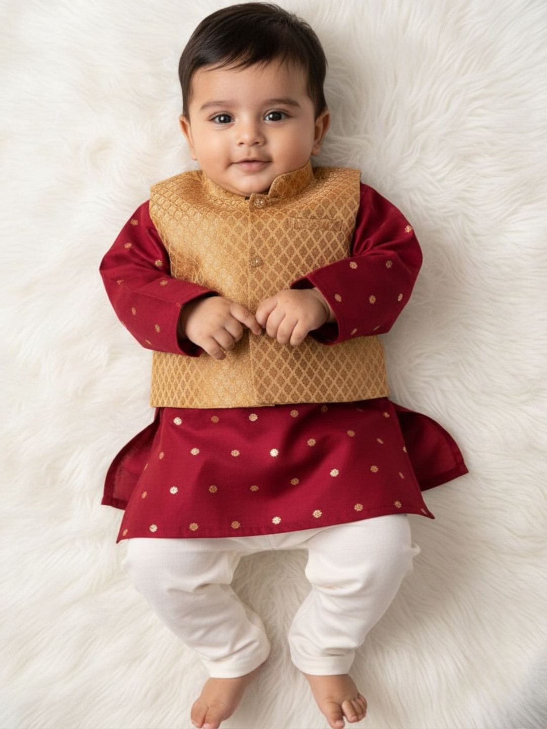 Sangria Boys Maroon Ethnic Motifs Printed Pure Silk Kurta With Pyjama With Waistcoat