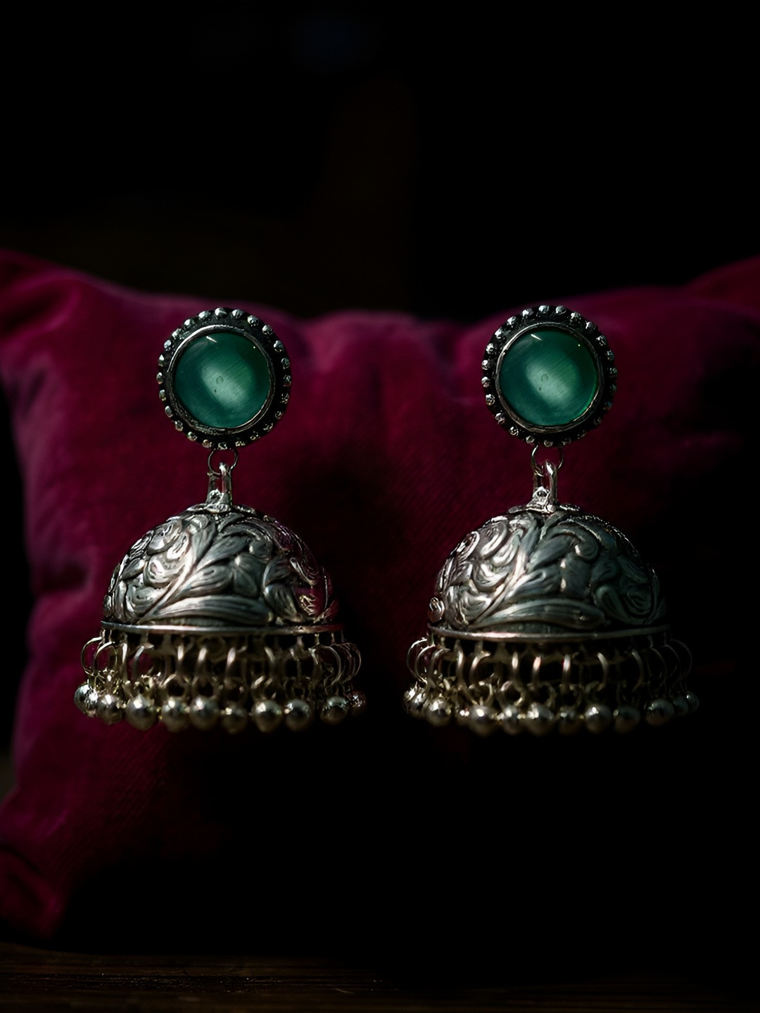 The Style Courtyard Artificial Stones Studded And Ghungroo Beaded Oxidised Dome Jhumkas