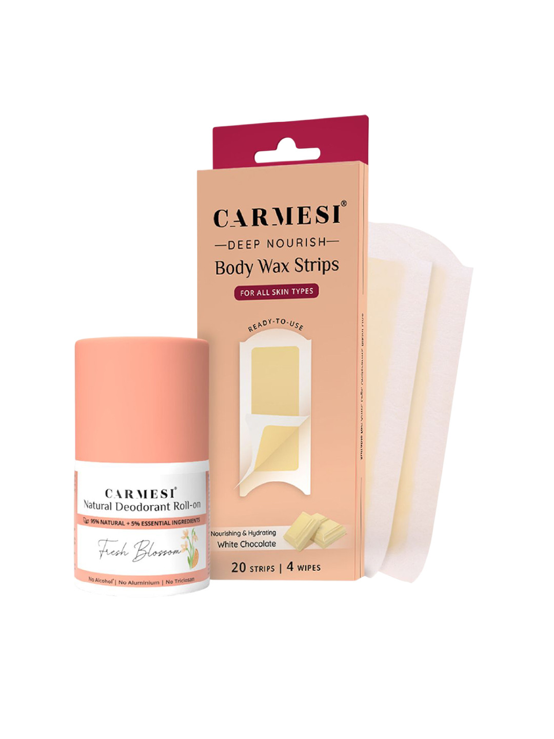 CARMESI Set Of 2 Deodorant Roll On - Fresh Blossom- 50ml & Wax Strips - 20 Strips, 4 Wipes
