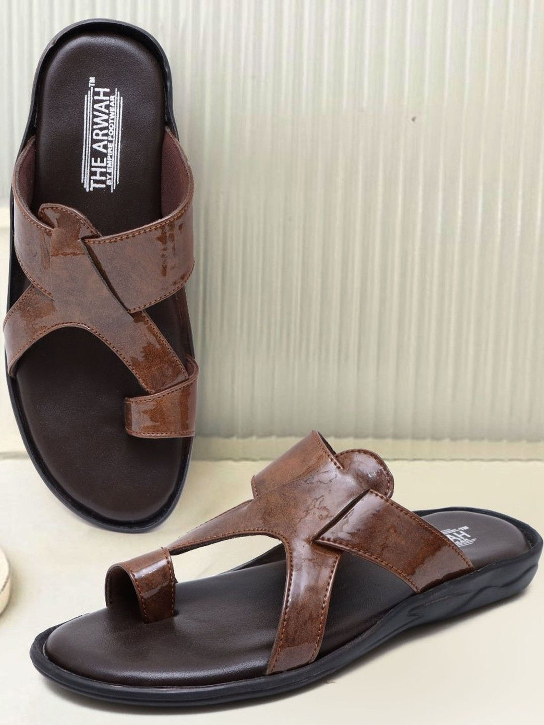 The arwah Men Brown Solid Toe-Ring Slip-On Comfort Sandals
