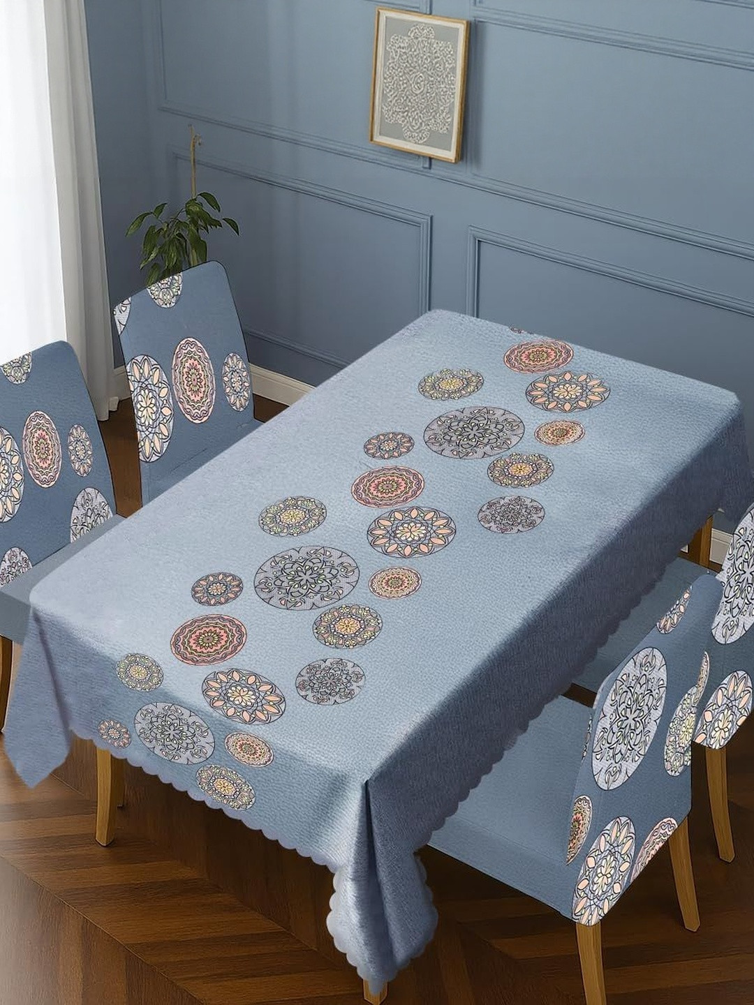 Stylista Grey 4 Seater Mandala Art Motifs Dining Table & Chair Covers Set