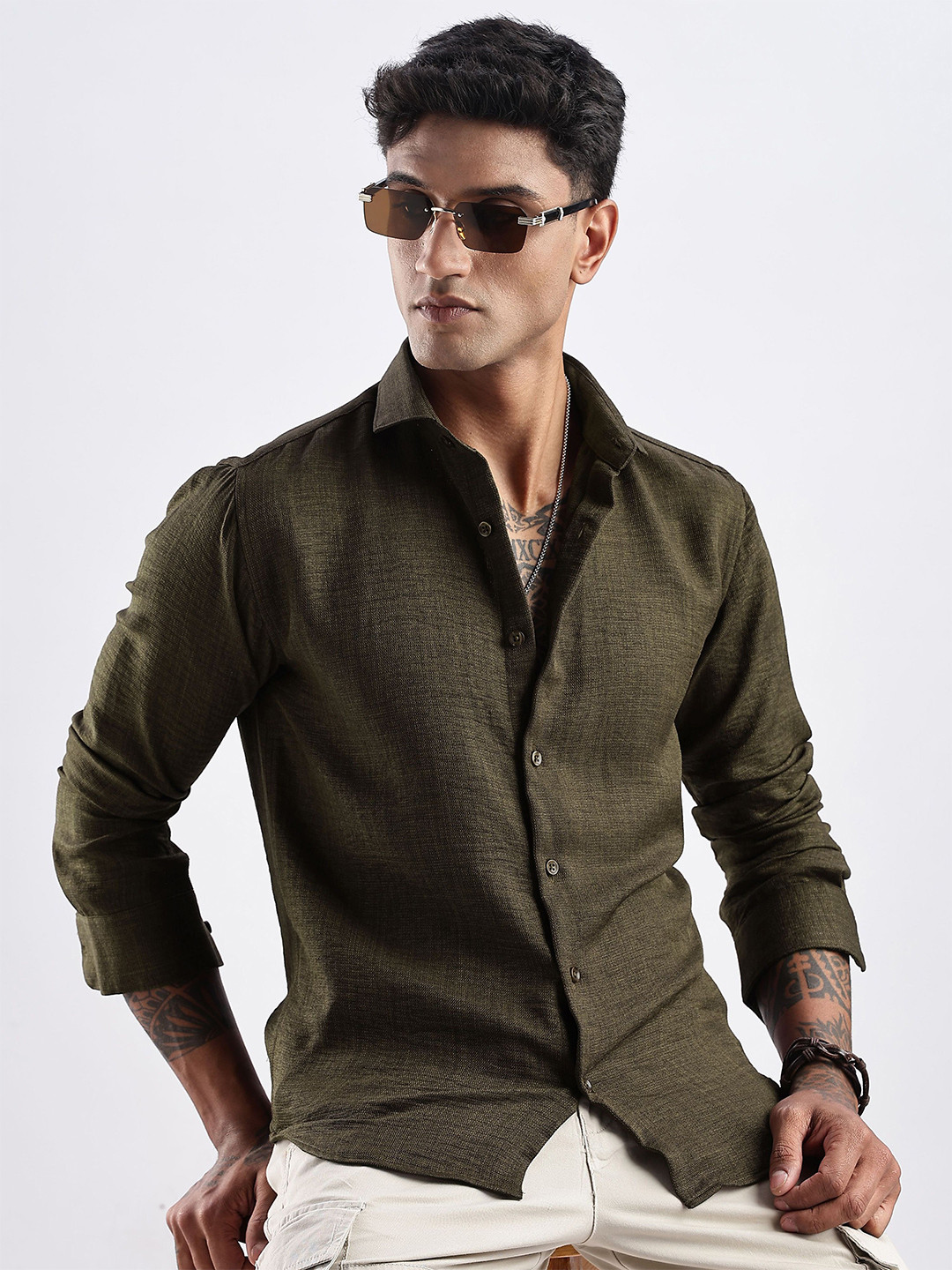 NEVER NEUD Men Milange Linen Look Regular Slim Fit Casual Shirt