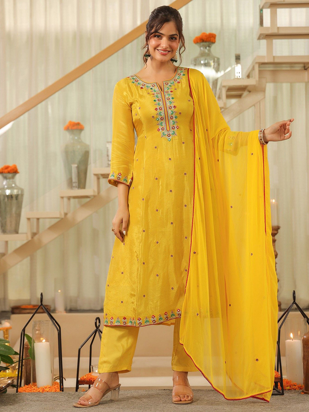 SCAKHI Women Floral Embroidered Shimmer Tissue Anarkali Kurta & Pant With Dupatta