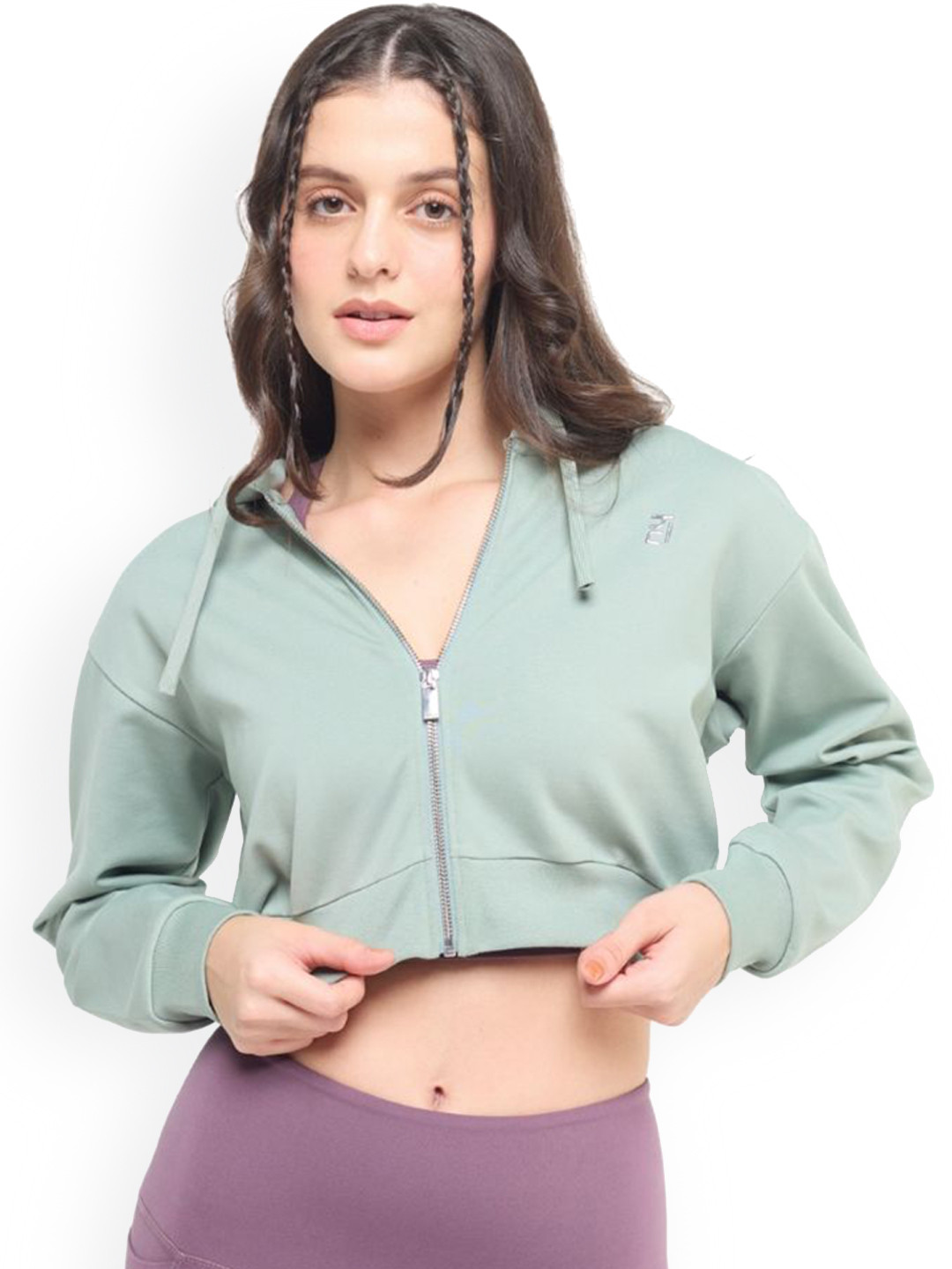 Hunnit Women Cotton Cropped Zip Up Hooded Jacket