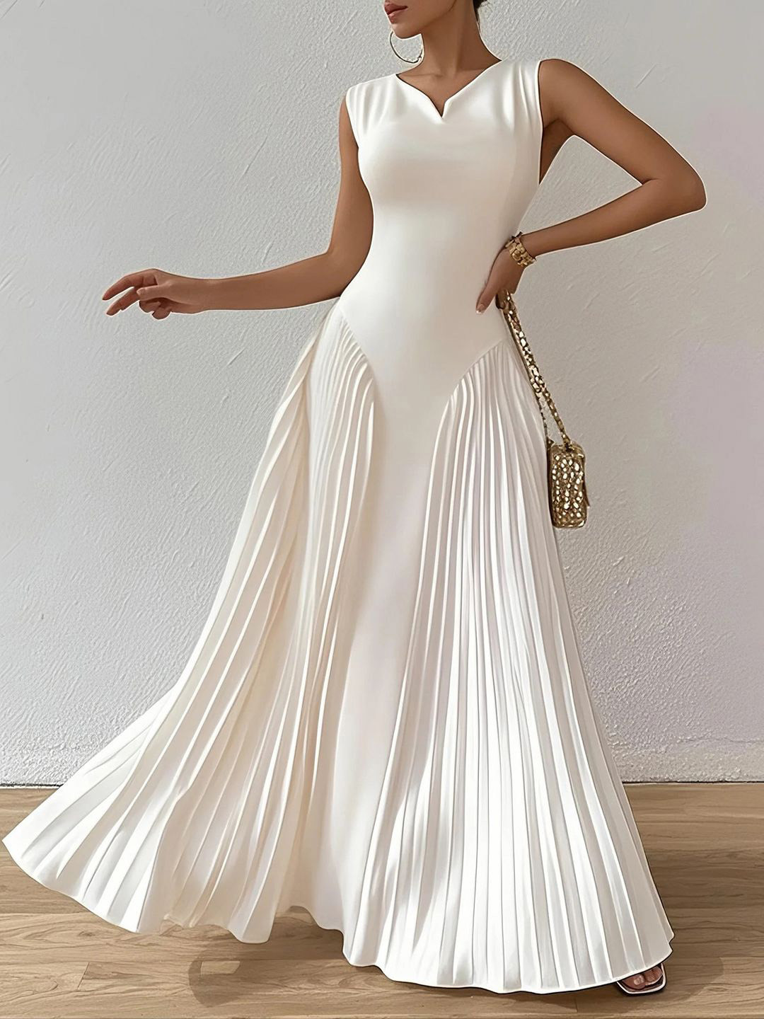 bebe White Sleeveless Pleated Panel A-Line Maxi Dress