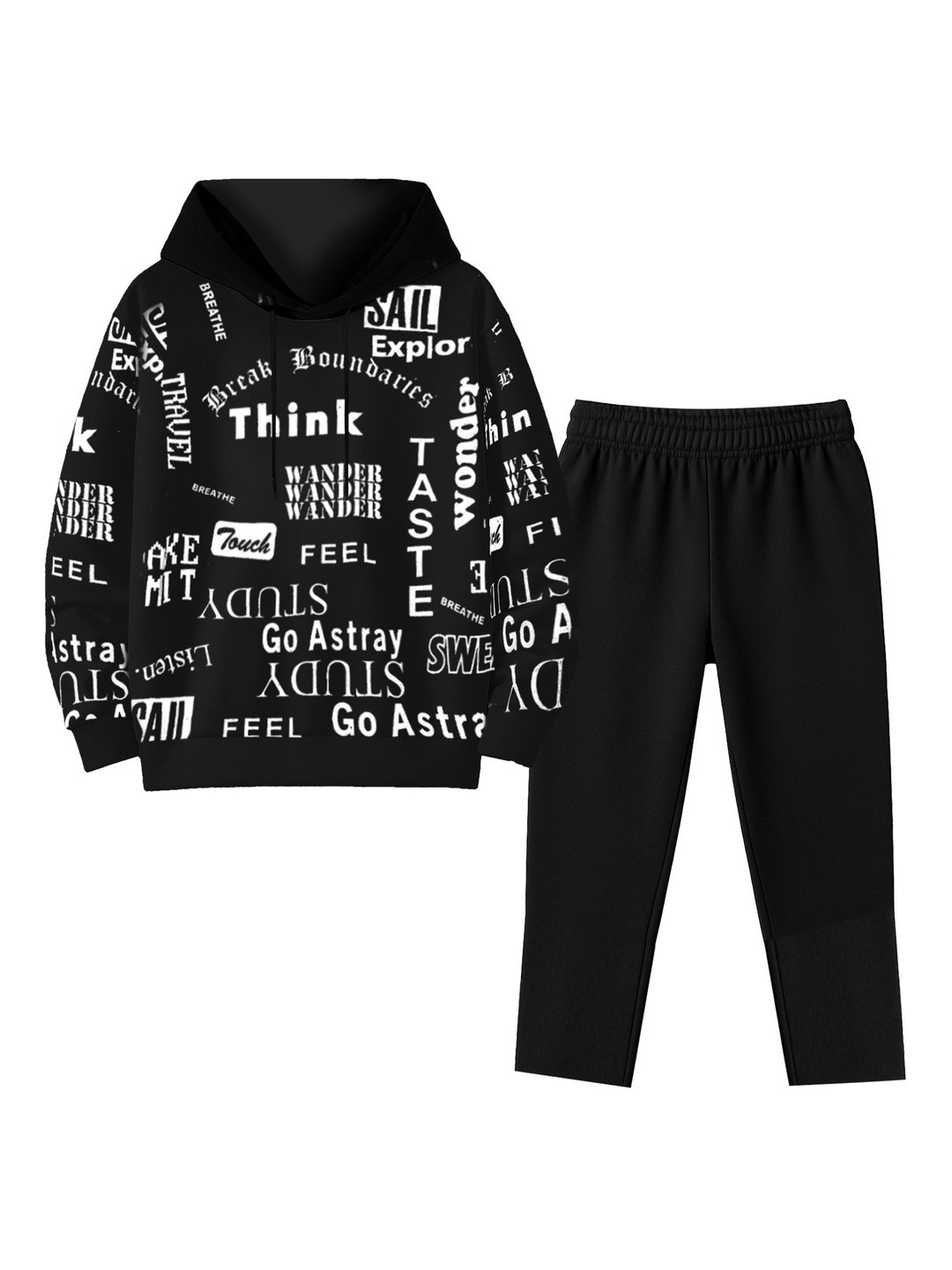 Fasha Kids-Unisex Black Pure Cotton Printed Hoodies & Trousers Clothing Set