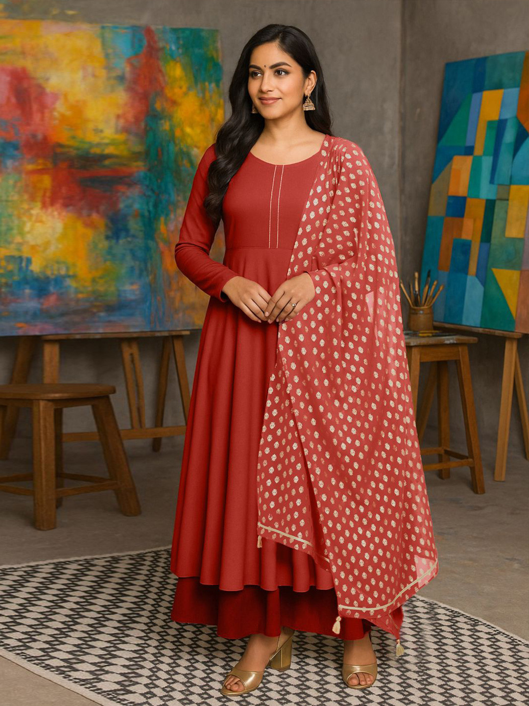 THE FAB FACTORY Printed Thread Work Round Neck Anarkali Kurta