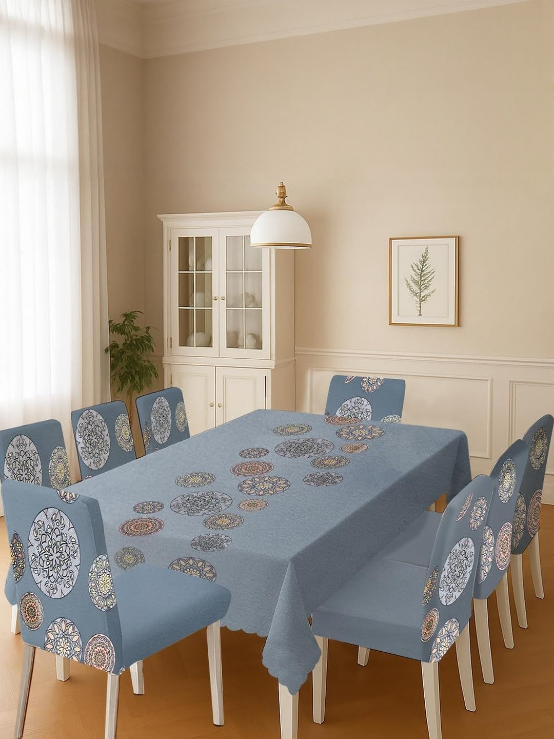Stylista Grey Floral Dining Table Cover Set With 8 Seater Chair Covers