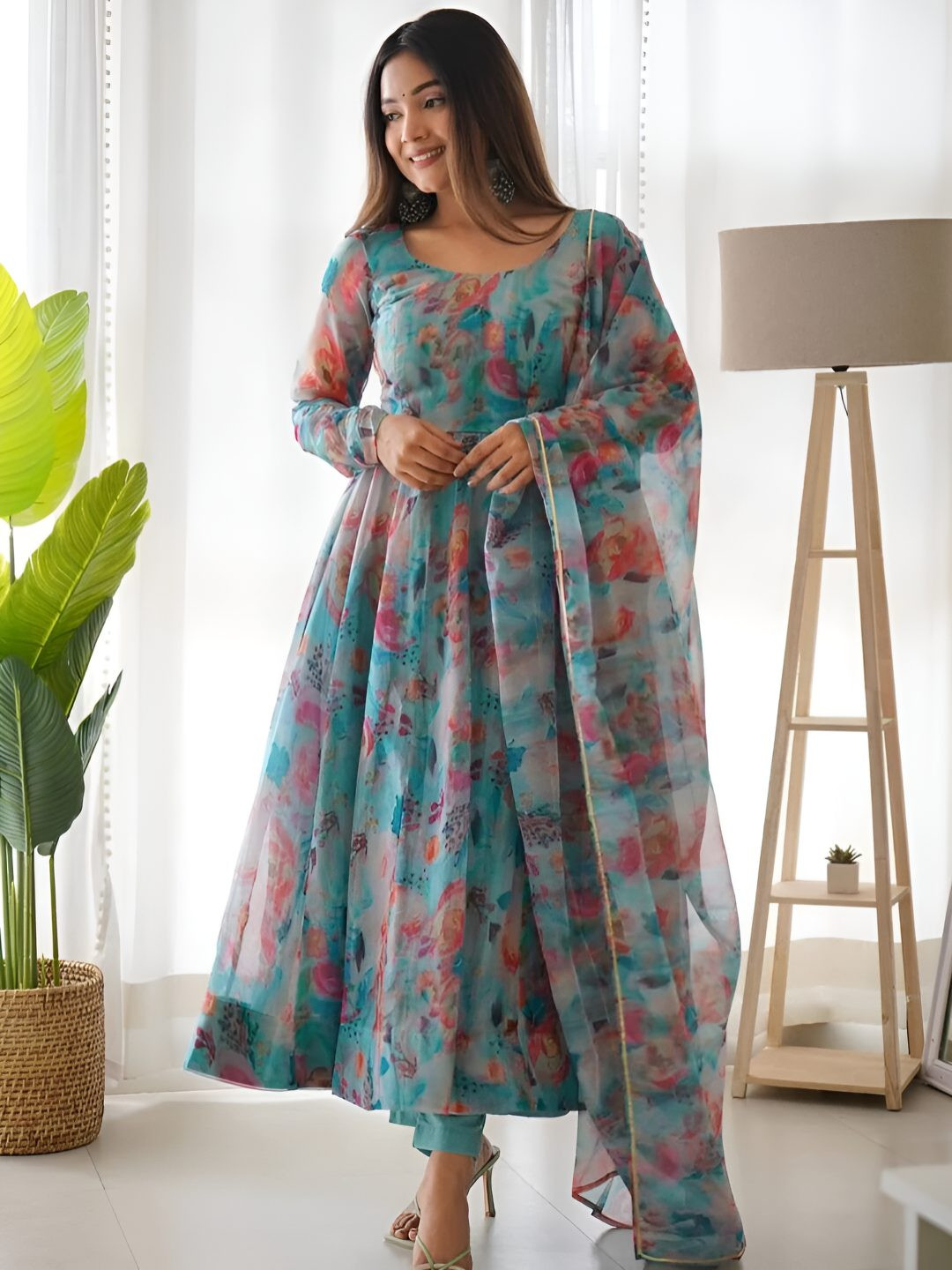 N.B.F Fashion Floral Printed Georgette Anarkali Kurta With Trousers & Dupatta