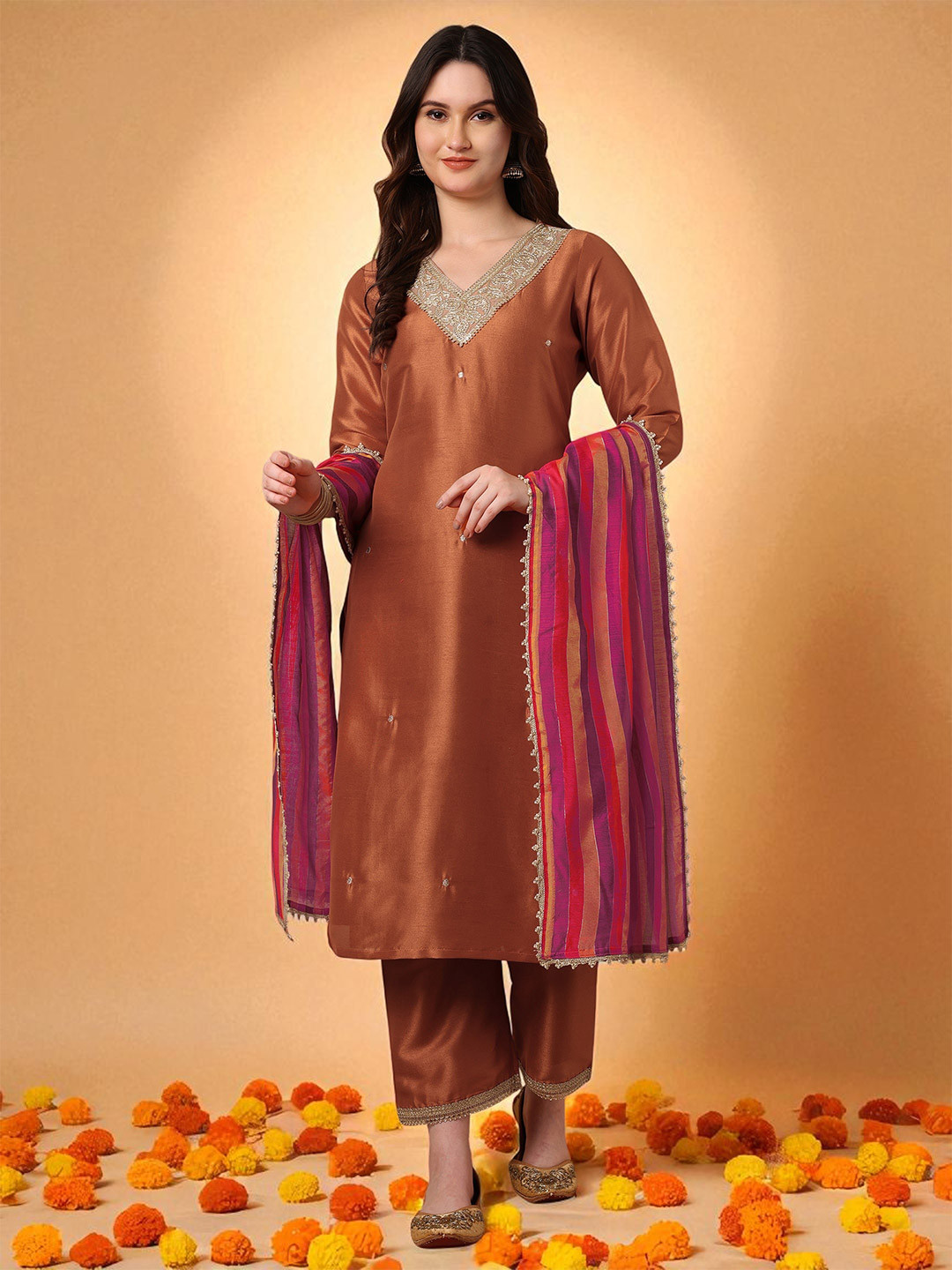 Azira Women Paisley Embroidered Straight Kurta with Trousers & Dupatta
