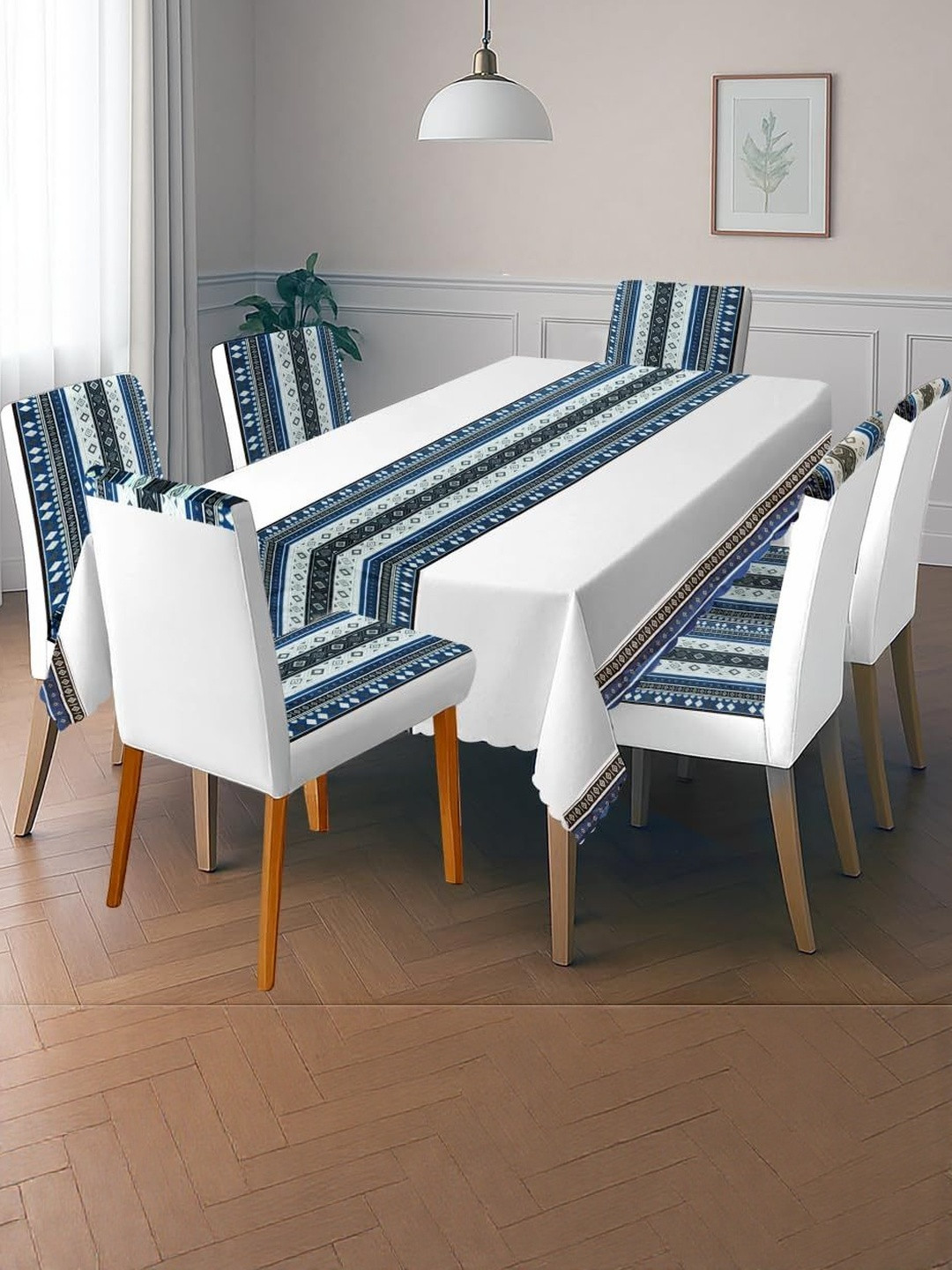 Stylista White Set of 7 Geometric Printed Anti-Slip 6-Seater Table & Chair Cover