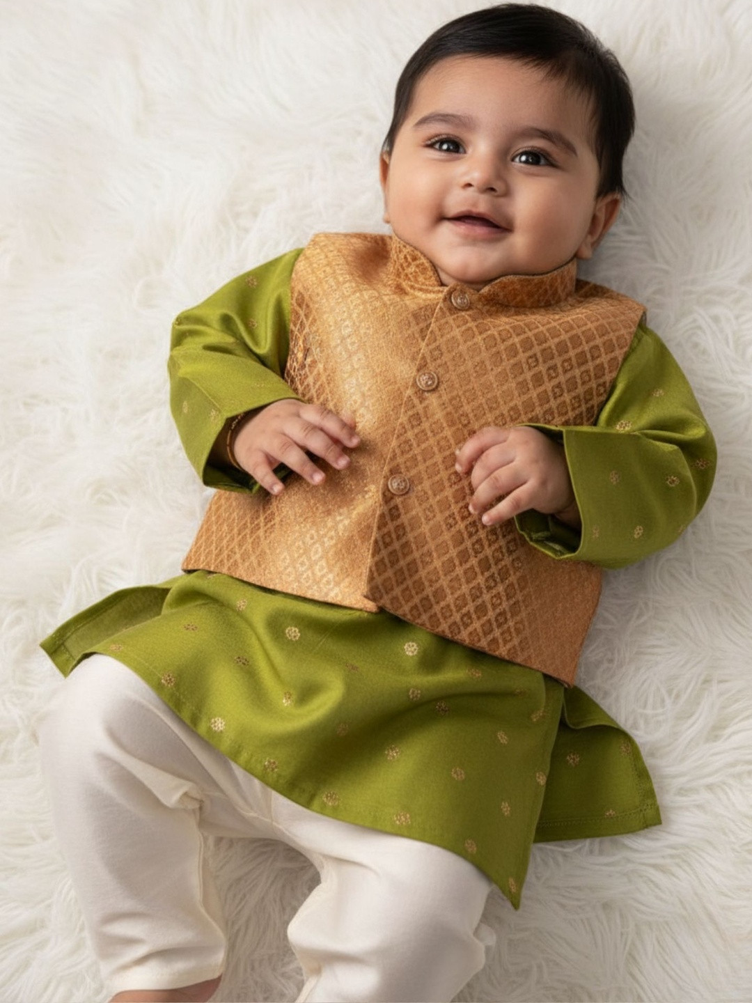 Sangria Boys Green Silk Kurta Trousers with Waistcoat