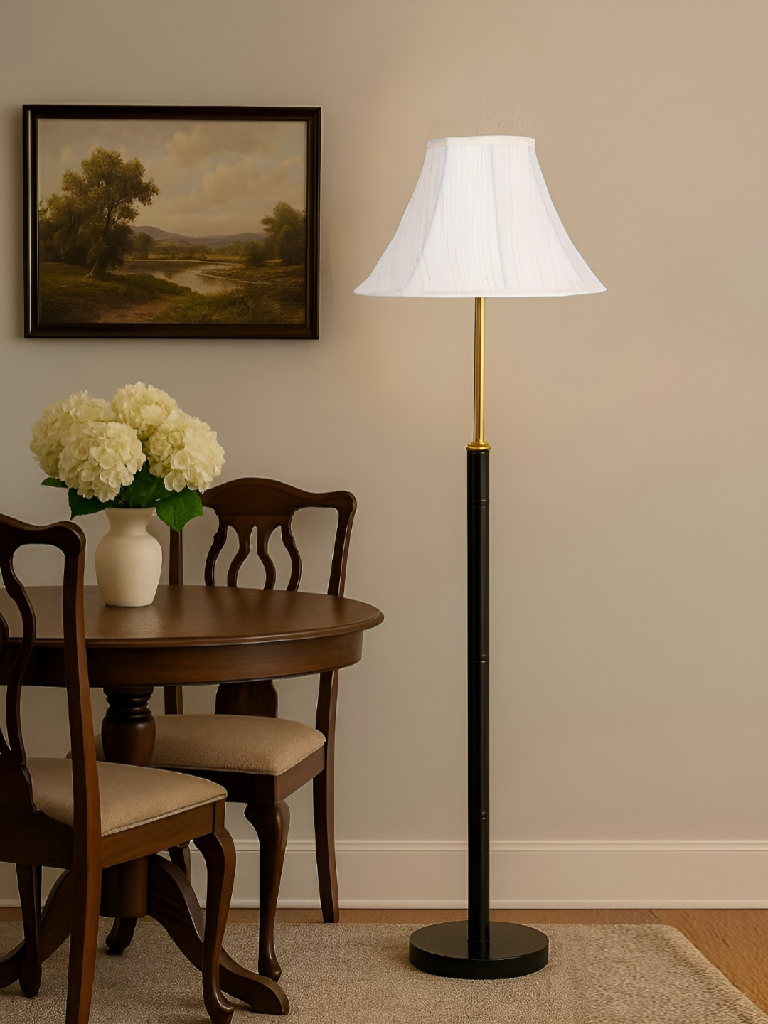 Devansh Off-White & Black Soft Back Cotton Shade With Wooden Base Floor Lamp