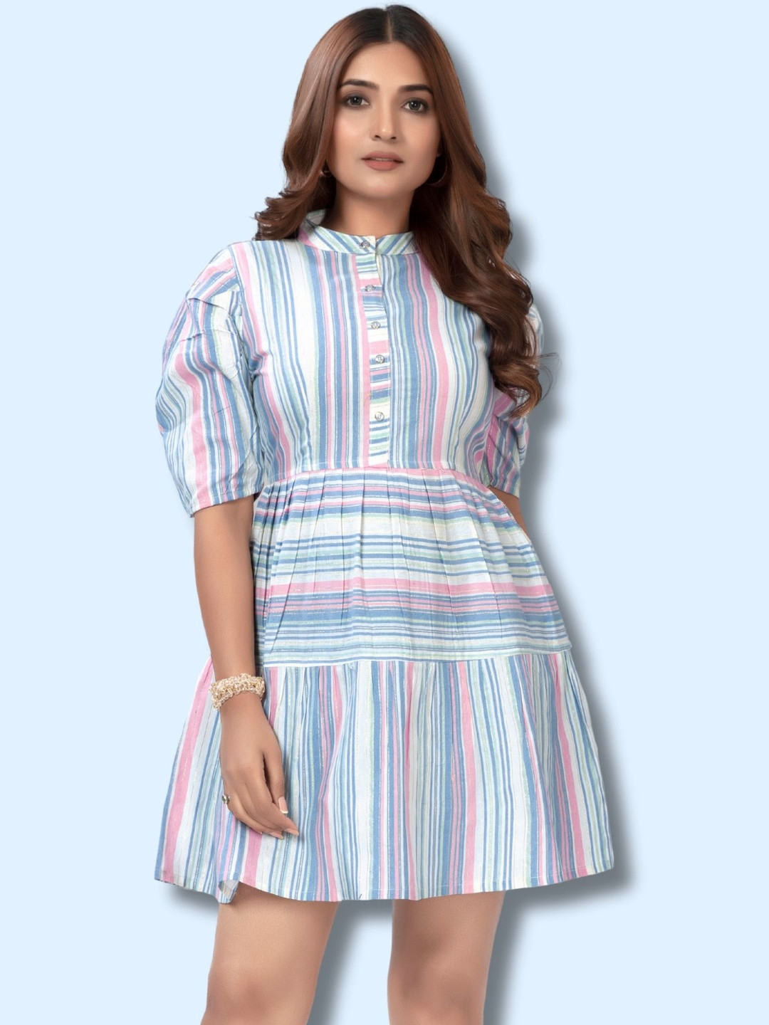 HIALTO Women Blue Stripe Cotton Fit and Flare Dress