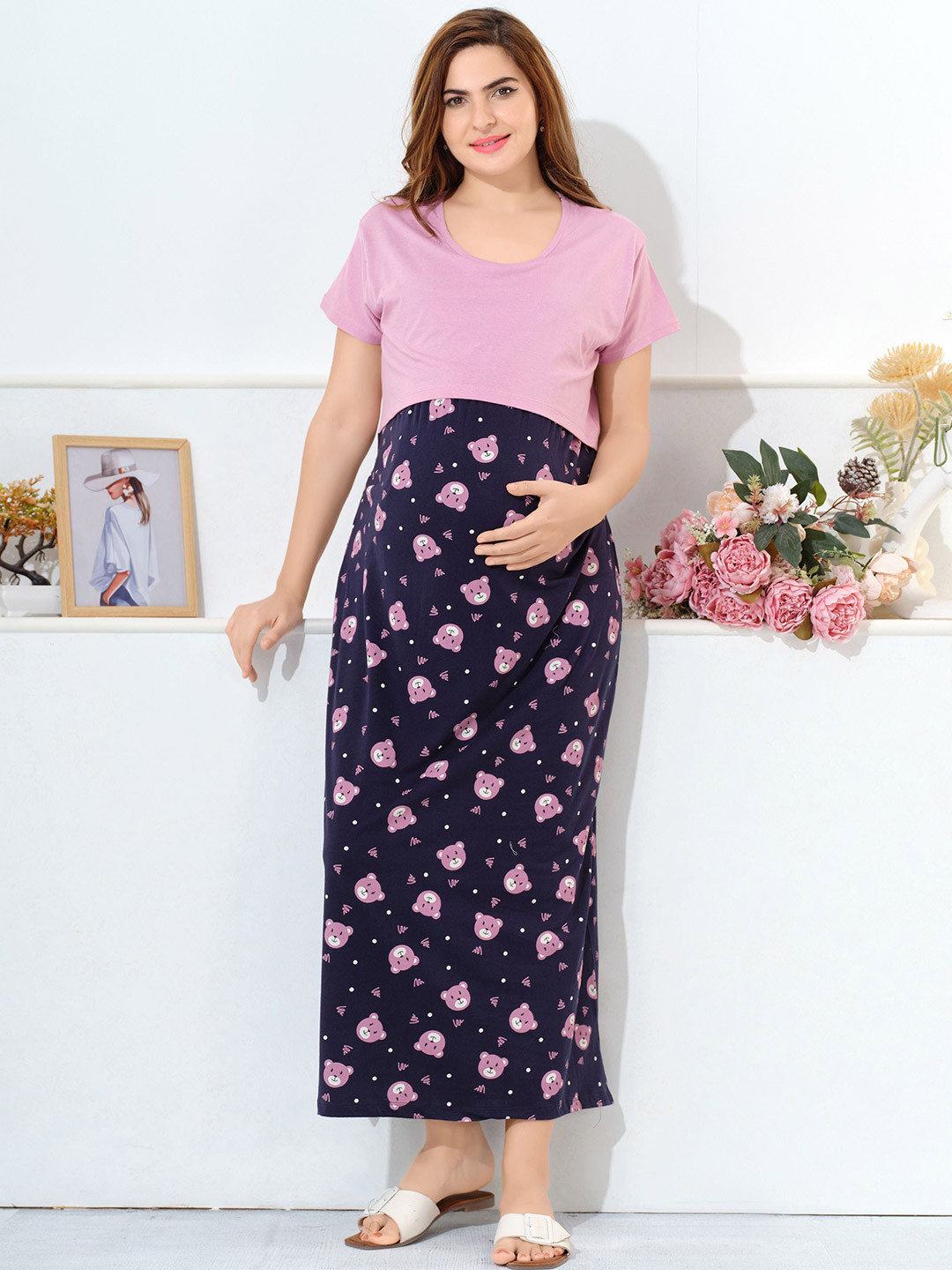 EASY MOM Women Conversational Printed Round Neck Maternity Cotton A-Line Dress