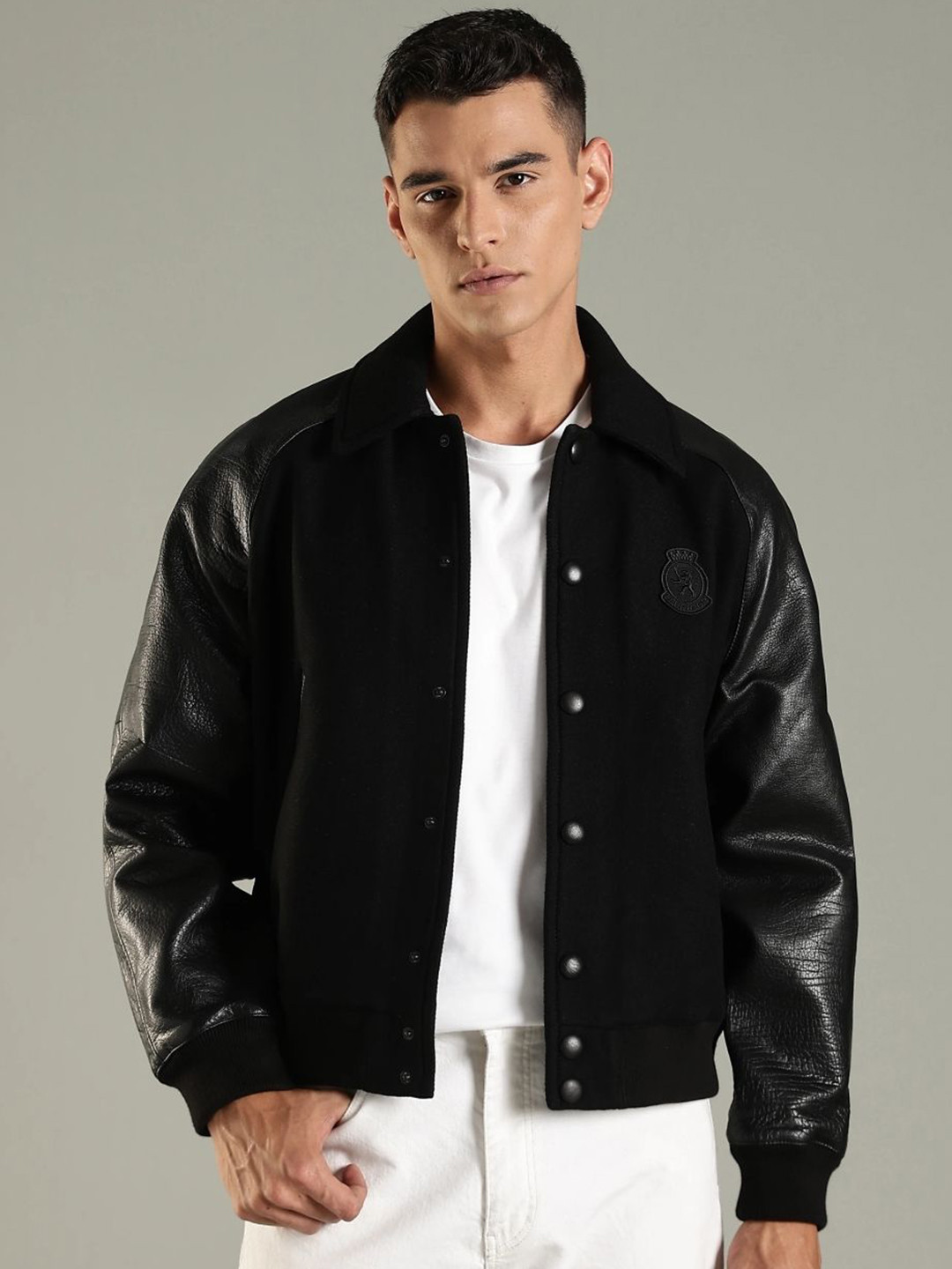 Tommy Hilfiger Men Spread Collar Solid Varsity Jacket