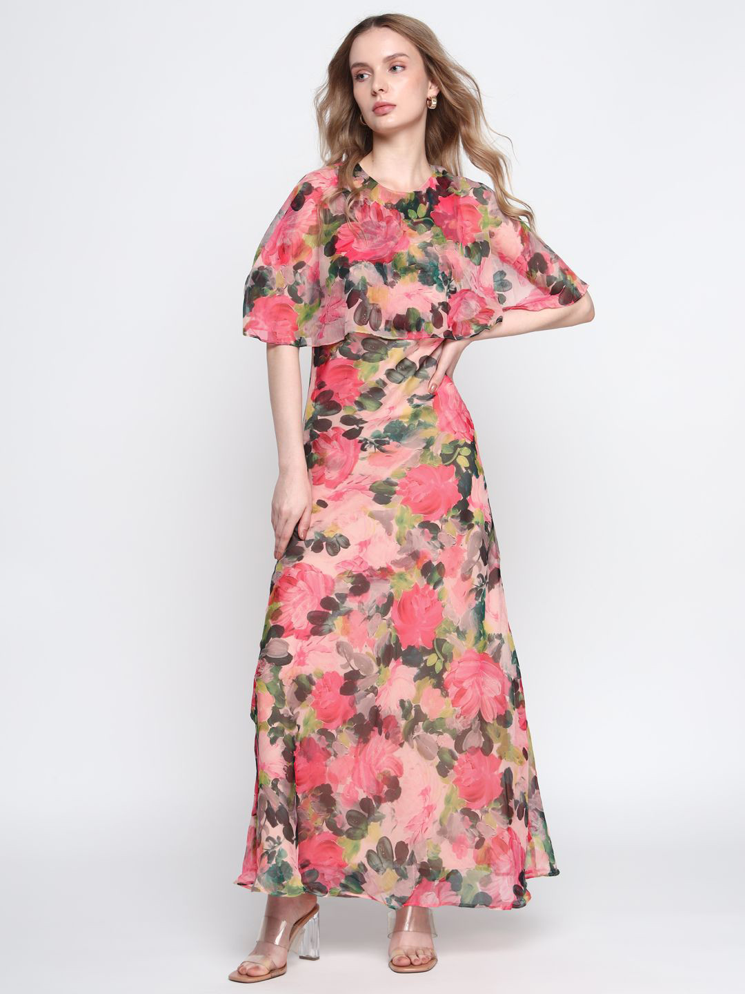 COVER STORY Women Pink Floral Printed Cape Sleeve Chiffon Maxi Dress
