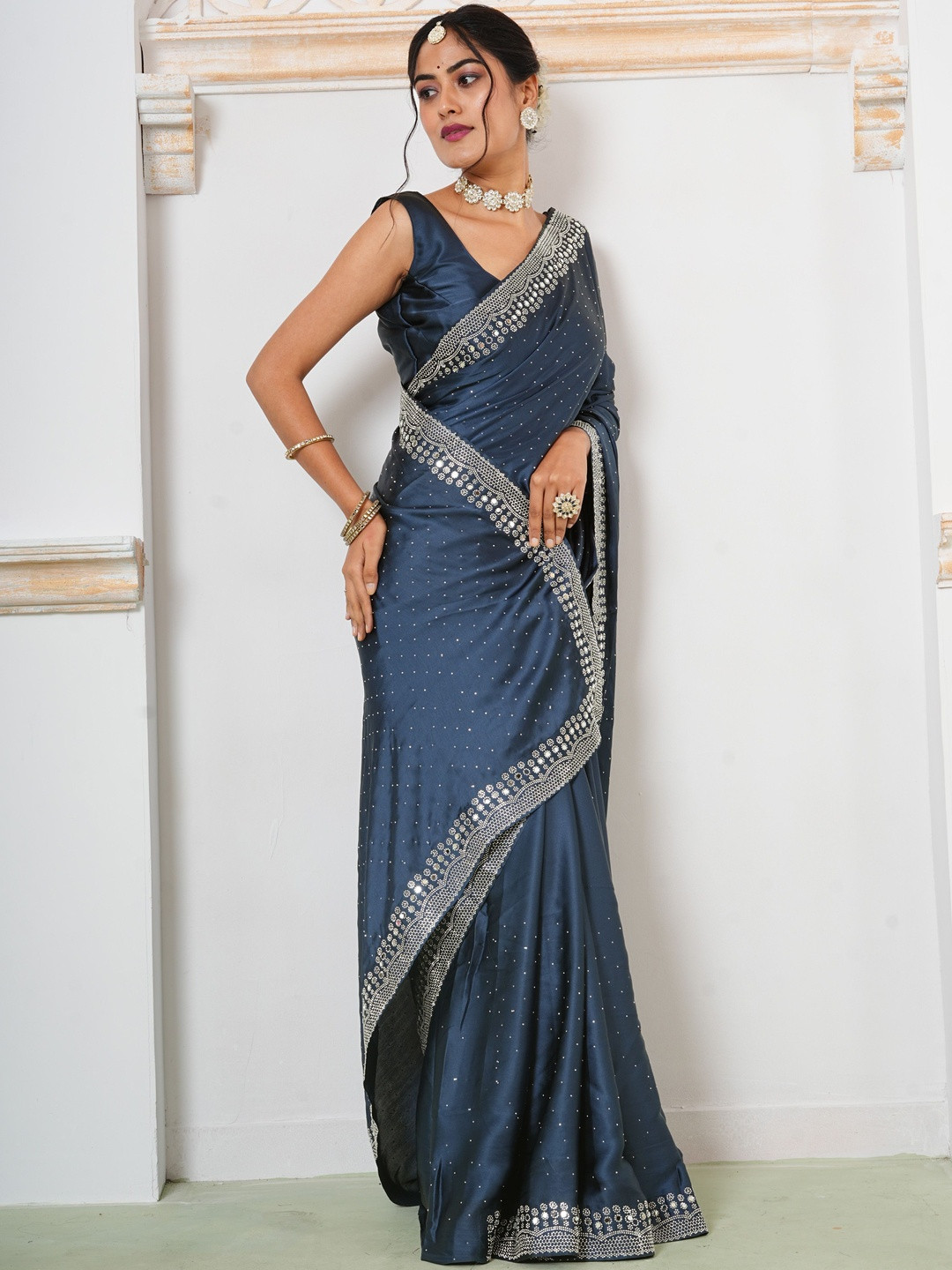 Anouk Navy Blue Satin Embellished Sarees