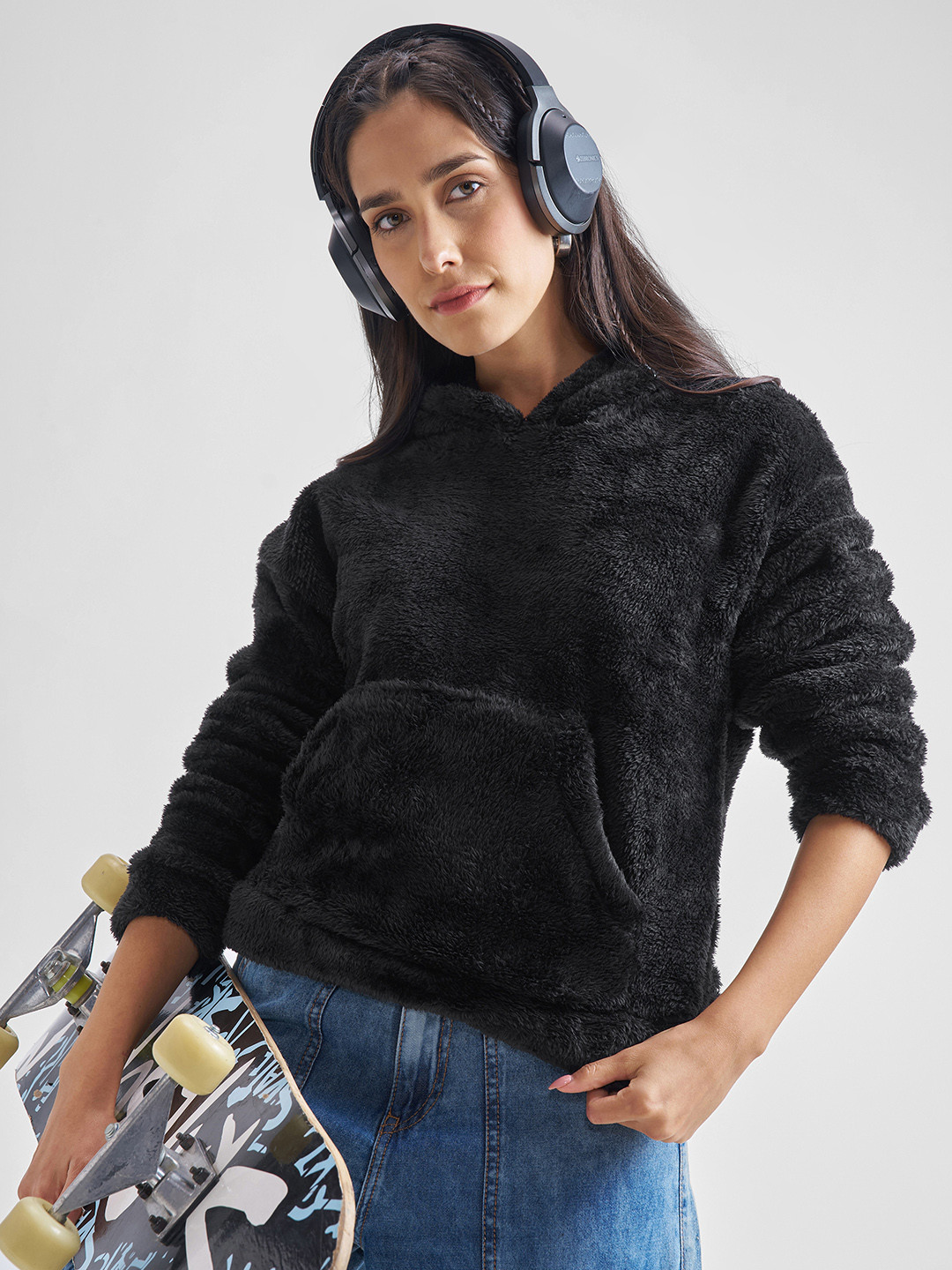 Tokyo Talkies Black Hooded Drop Shoulder Sleeves Oversized Pullover