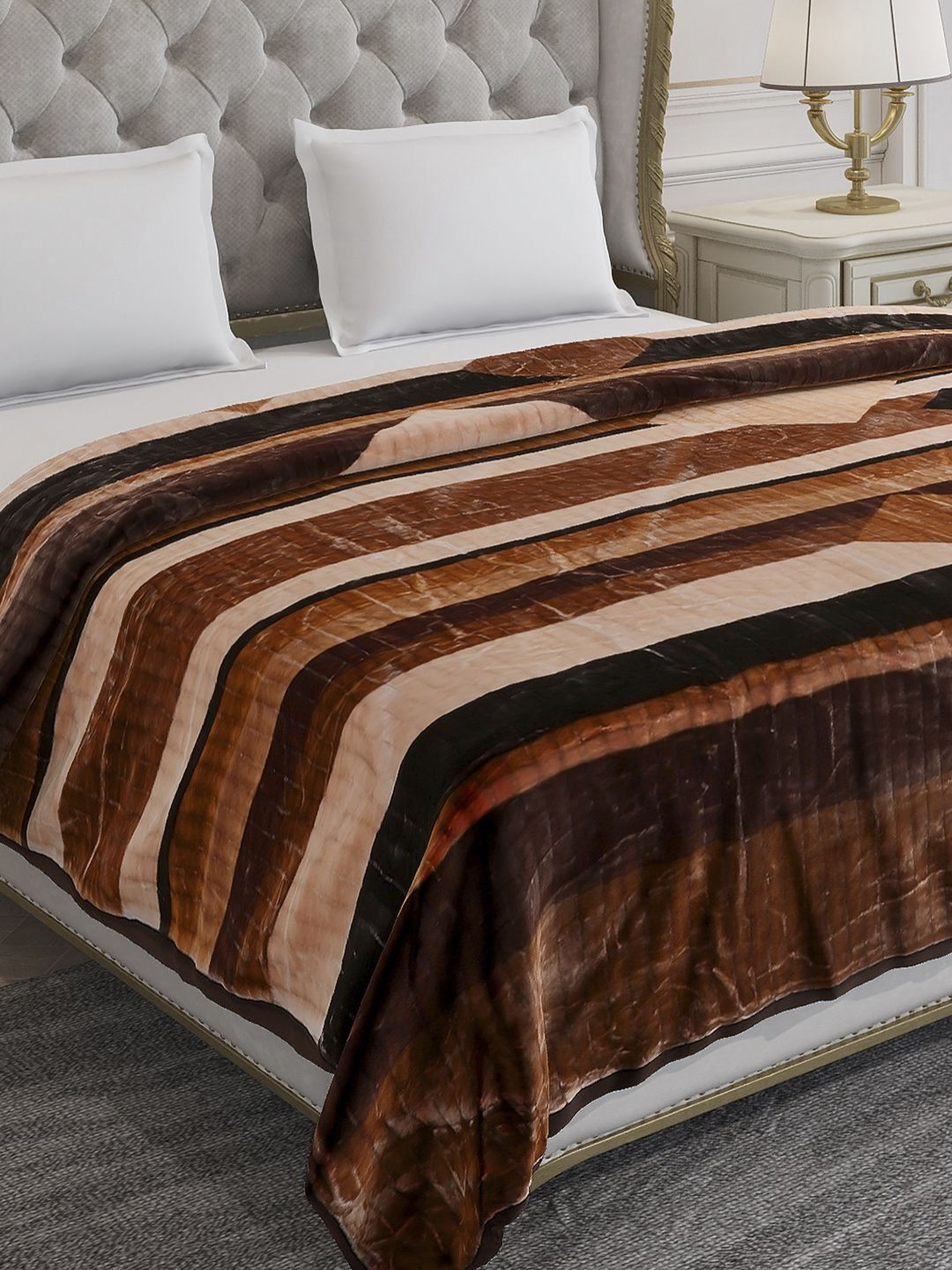 Monte Carlo Marvin Pvc Brown Striped Printed Heavy Winter Double Bed Blanket 928 GSM