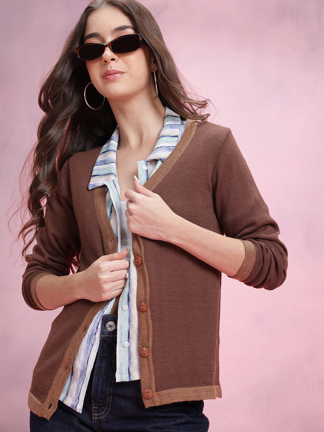 DressBerry V-Neck Contrast Edging Button Down Cardigan
