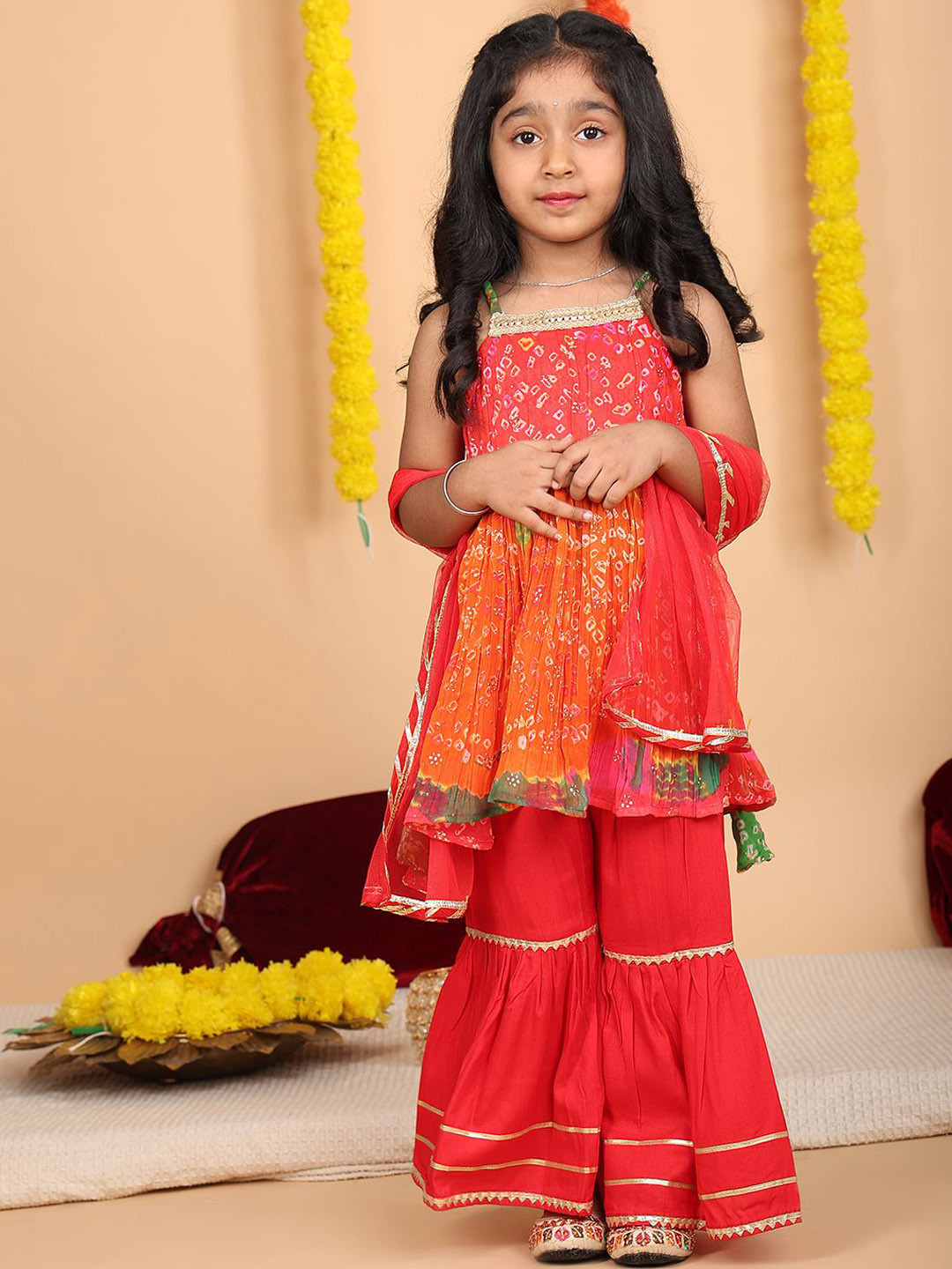 Here&Now X Kinder Kids Girls Printed Regular Pure Cotton Kurti & Sharara With Dupatta