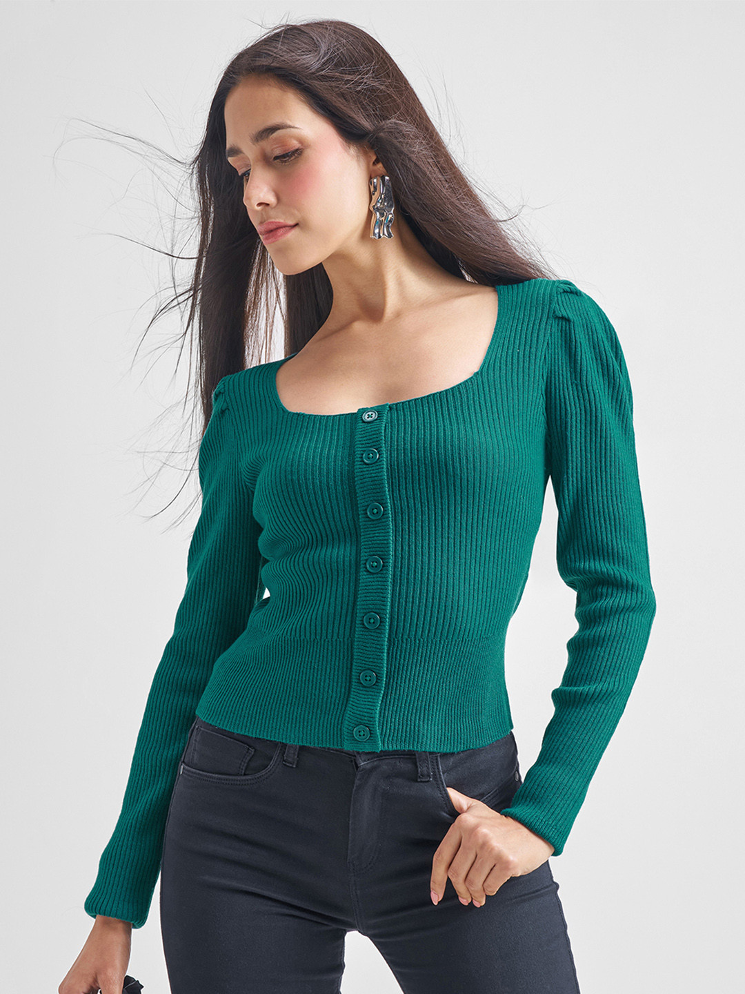 Tokyo Talkies Teal Ribbed Square Neck Acrylic Crop Cardigan