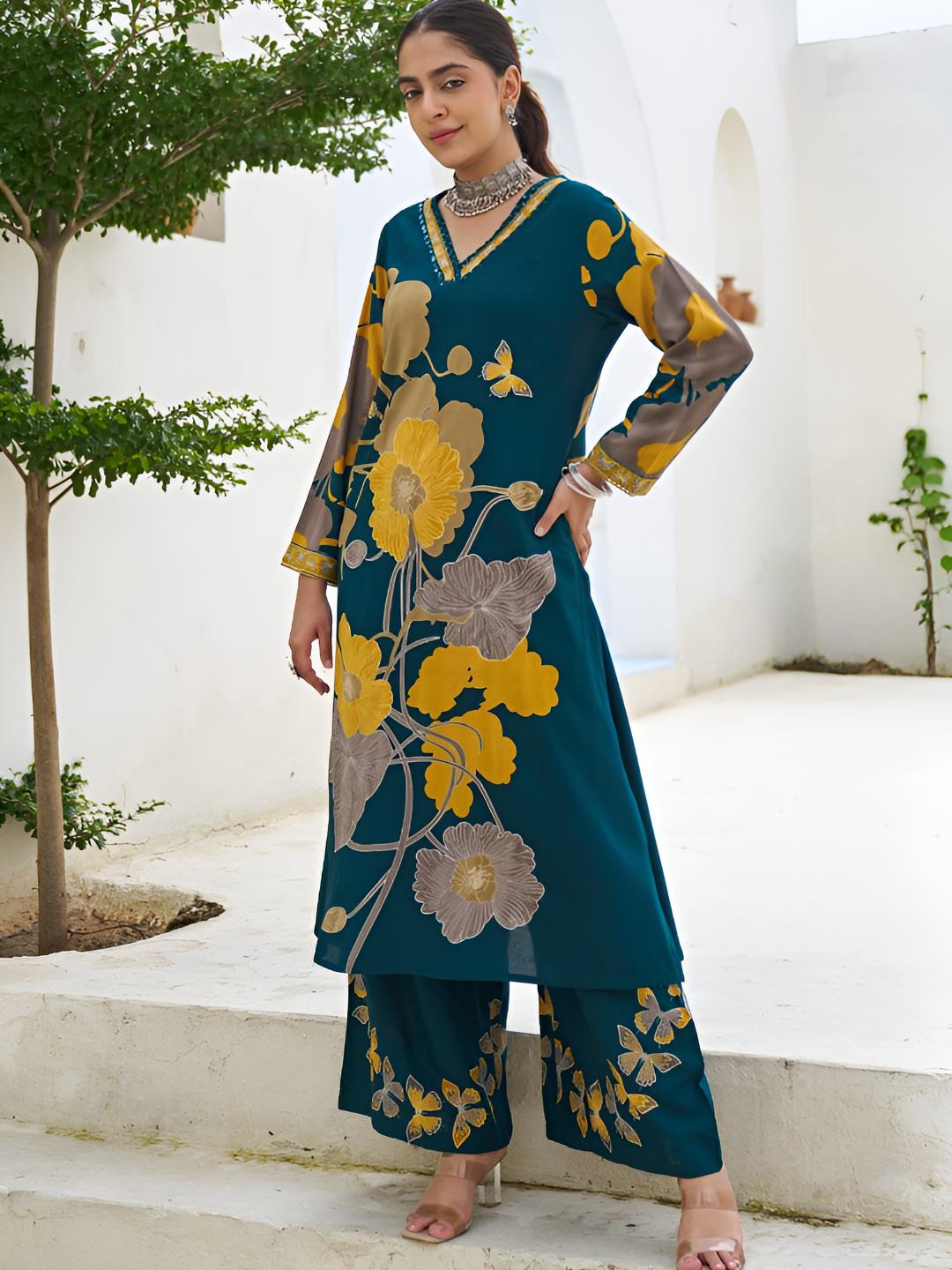 AUTUMN LANE Women Sonpal Cobalt Floral Printed V-Neck Pure Cotton Kurta with Palazzos