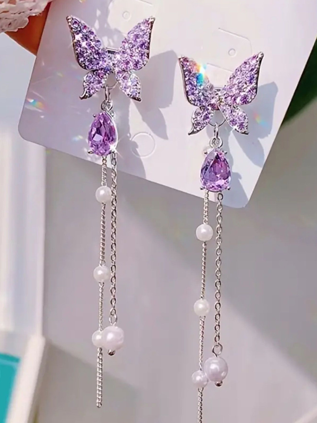 Aryee Sterling Silver Onlyx Studded And Artificial Beaded Butterfly Korean Drop Earrings