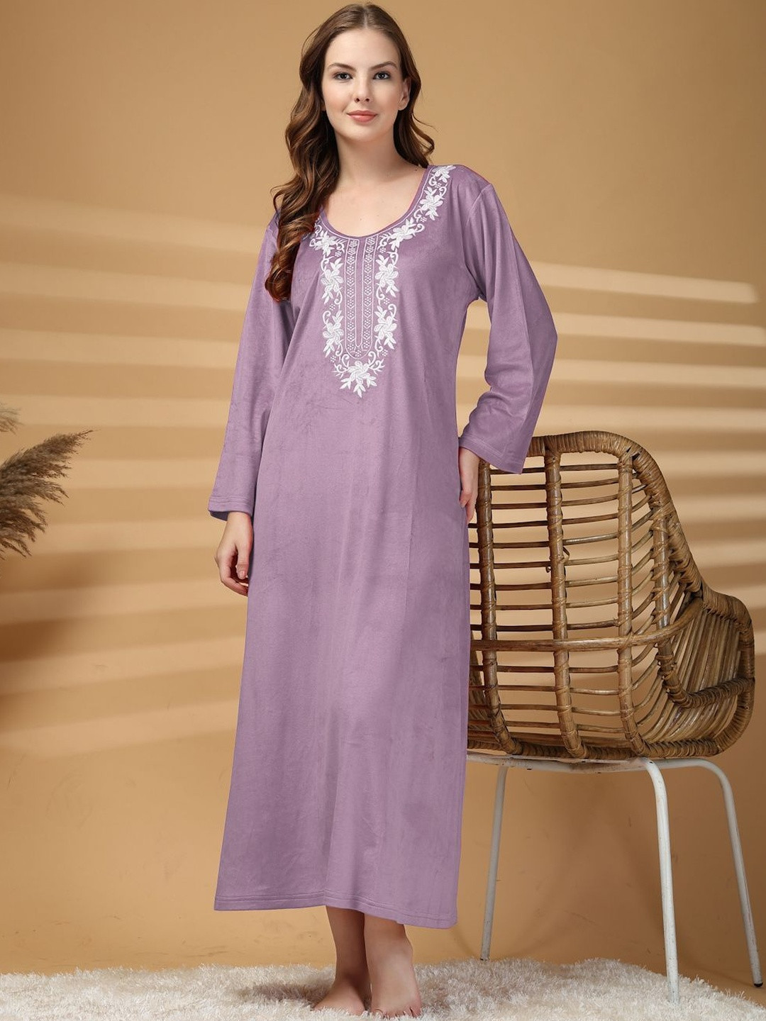 KLOTTHE Women Purple Velour Soft touch Velvet Maxi Nightdress