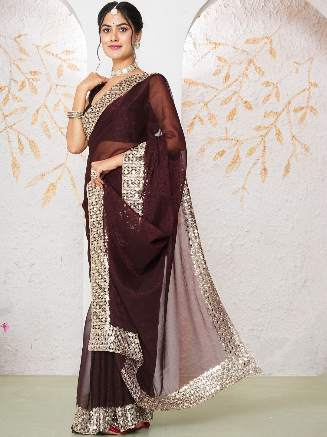 Anouk Maroon Tissue Embellished Sarees