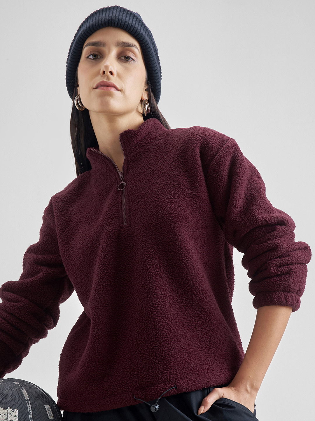 Tokyo Talkies Maroon Mock Collar Pullover Sweatshirt