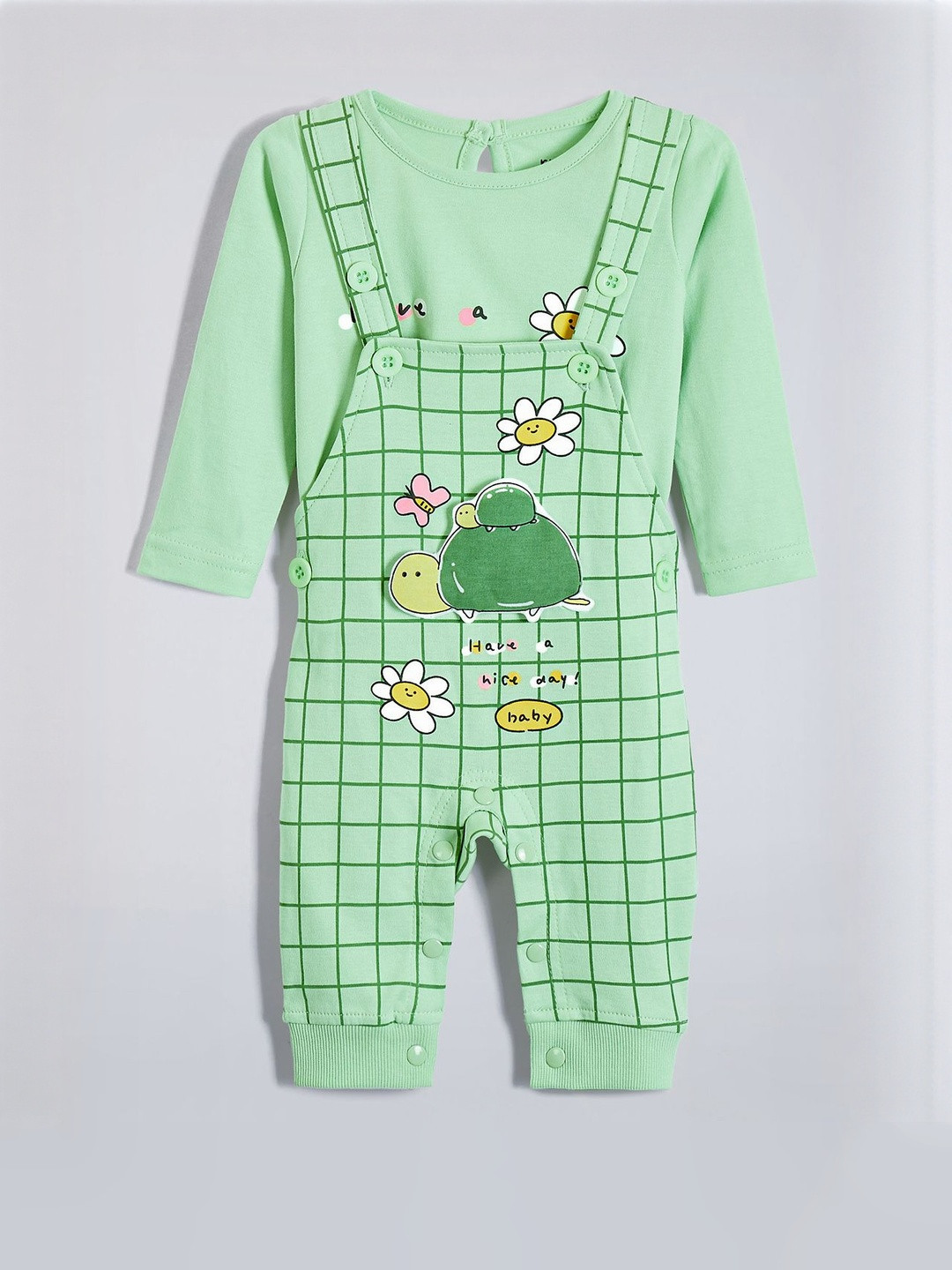 Hopscotch Girls Printed Turtle Applique Cotton Dungaree Set