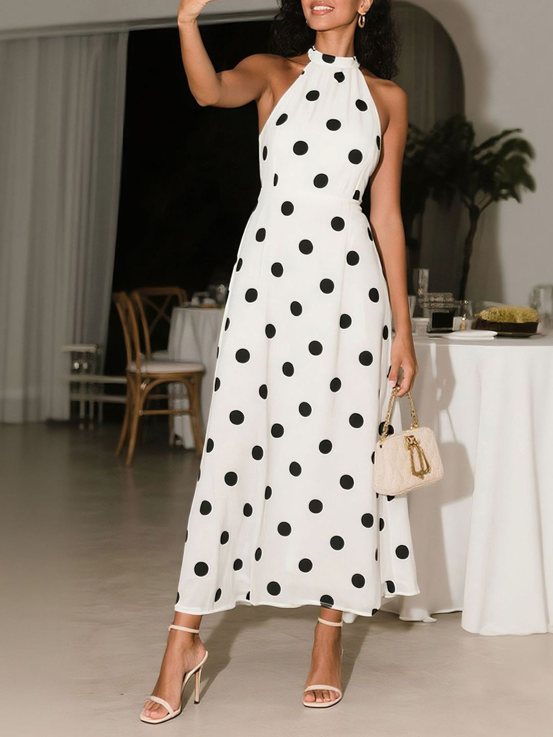 bebe Women Polka Dots Printed Halter Neck A-Line Midi Dresses
