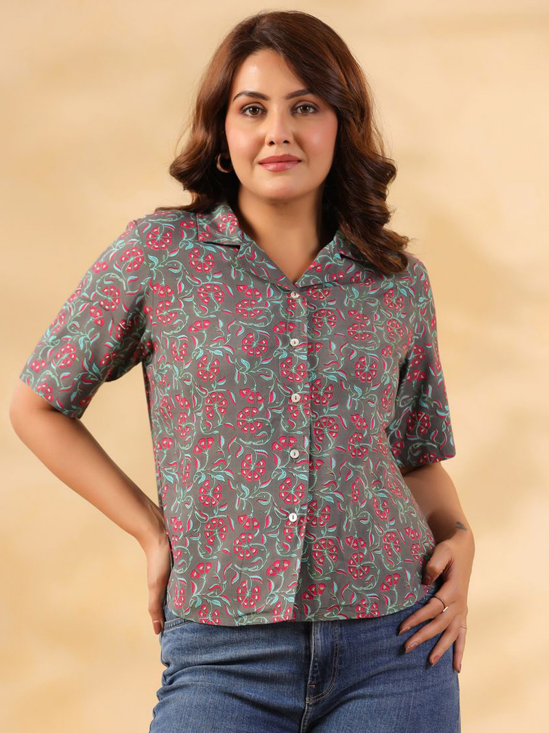 June 9 Clothing Women Original Fit Floral Printed Cuban Collar Casual Shirt