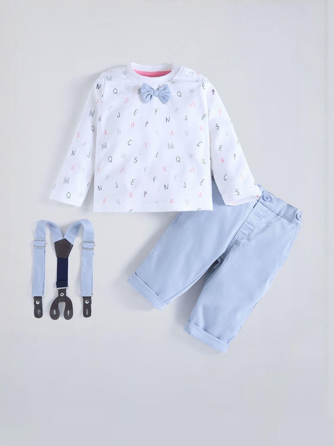 Hopscotch Boys White & Blue Pure Cotton 2 Picece Typographic Formal Pant Set