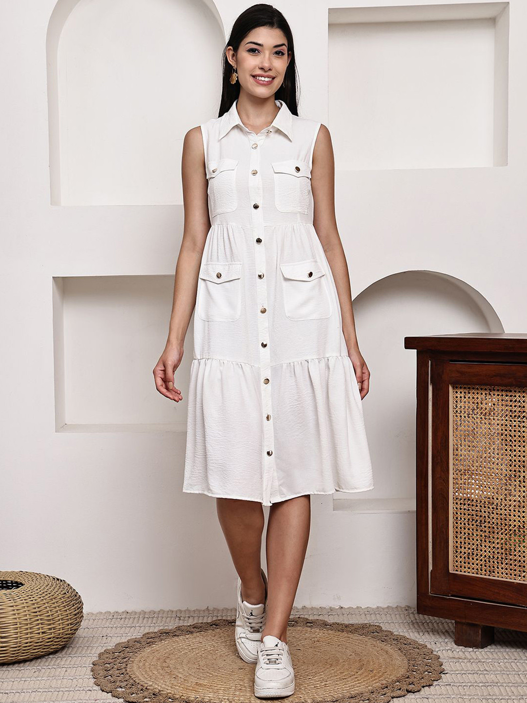 JAKANARY Women Shirt Collar Tiered Shirt Dress