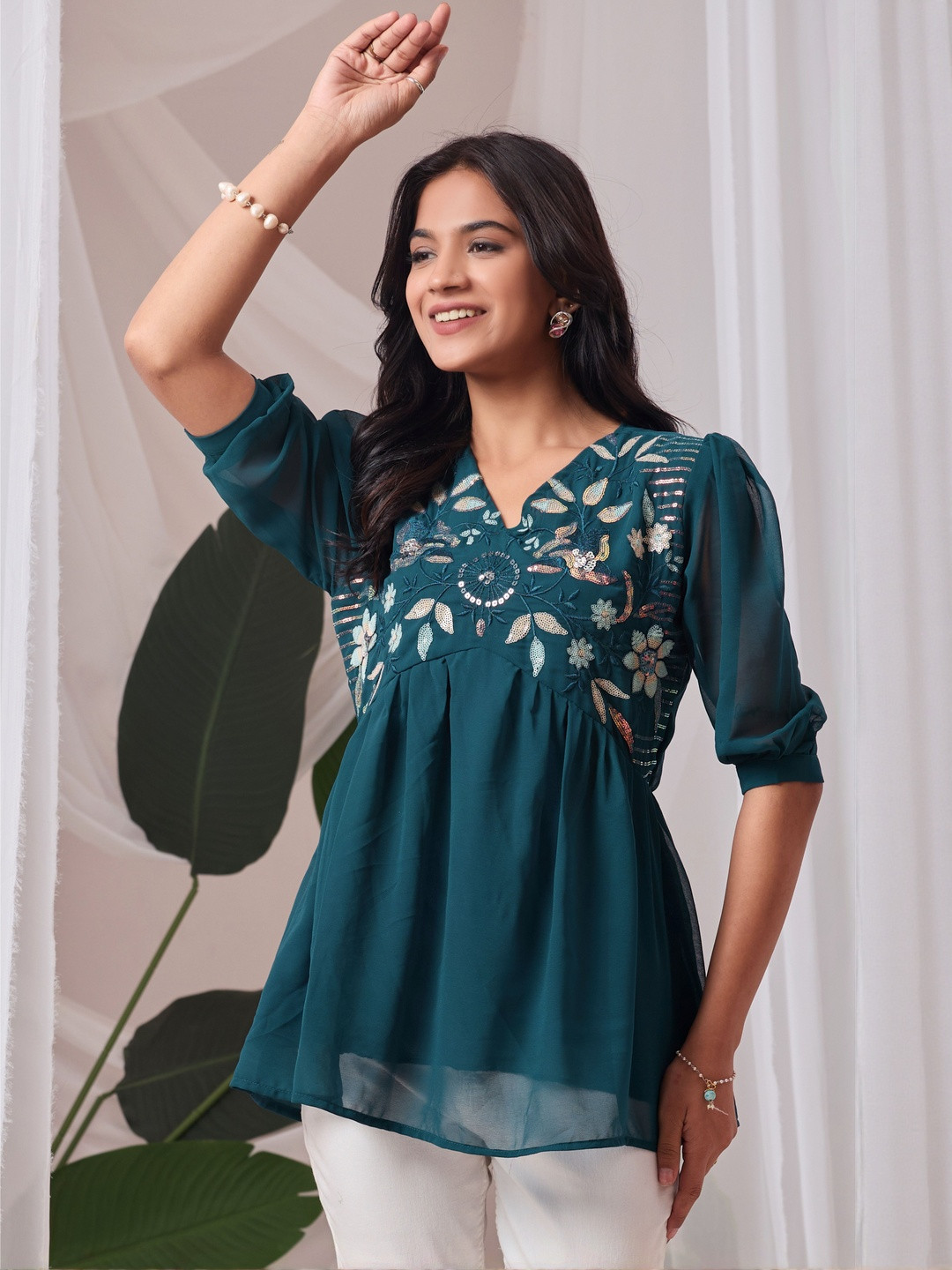 HEMANG FASHION Women Teal V-Neck Teal Georgette Embroidery Tunic Top