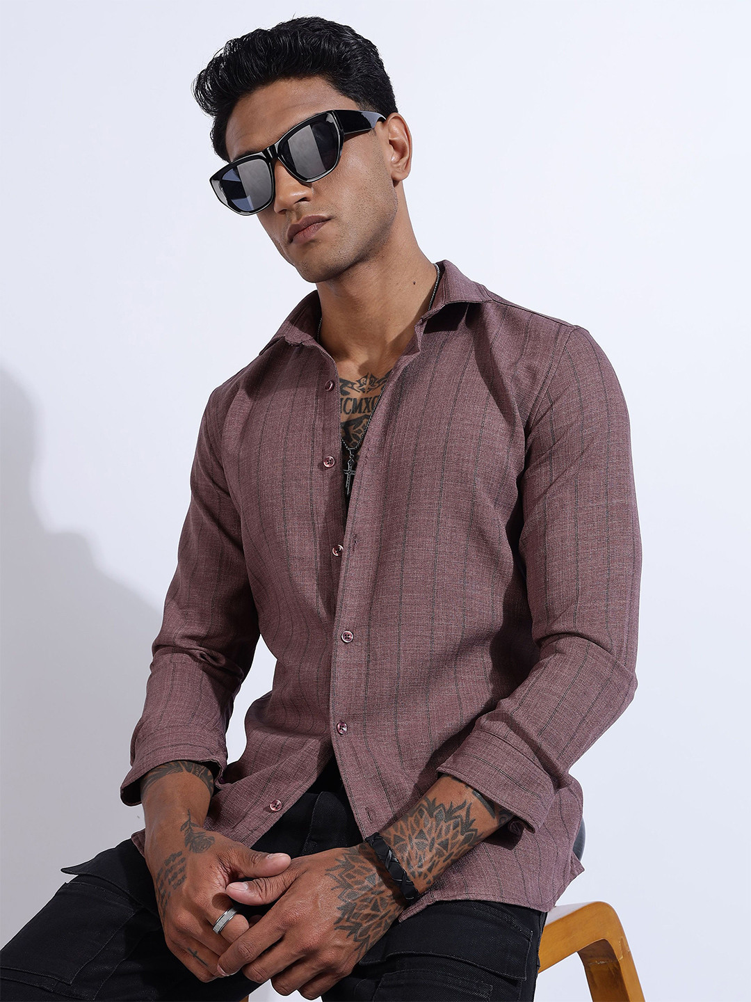 NEVER NEUD Men Air Like Linen Stripes Regular Slim Fit Casual Shirt