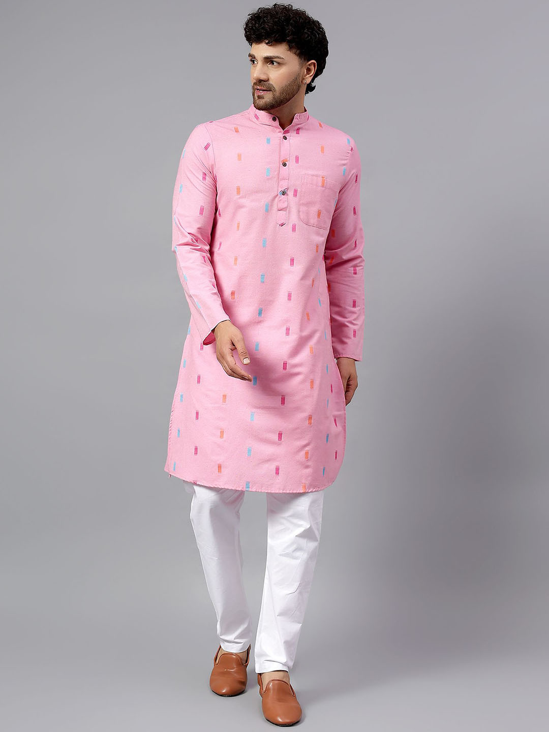 Latest Chikan Garments Geometric Printed Mandarin Collar Kurta With Pyjamas
