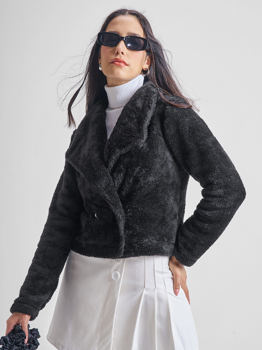 Tokyo Talkies Fur Self Design Lapel Collar Crop Tailored Jacket