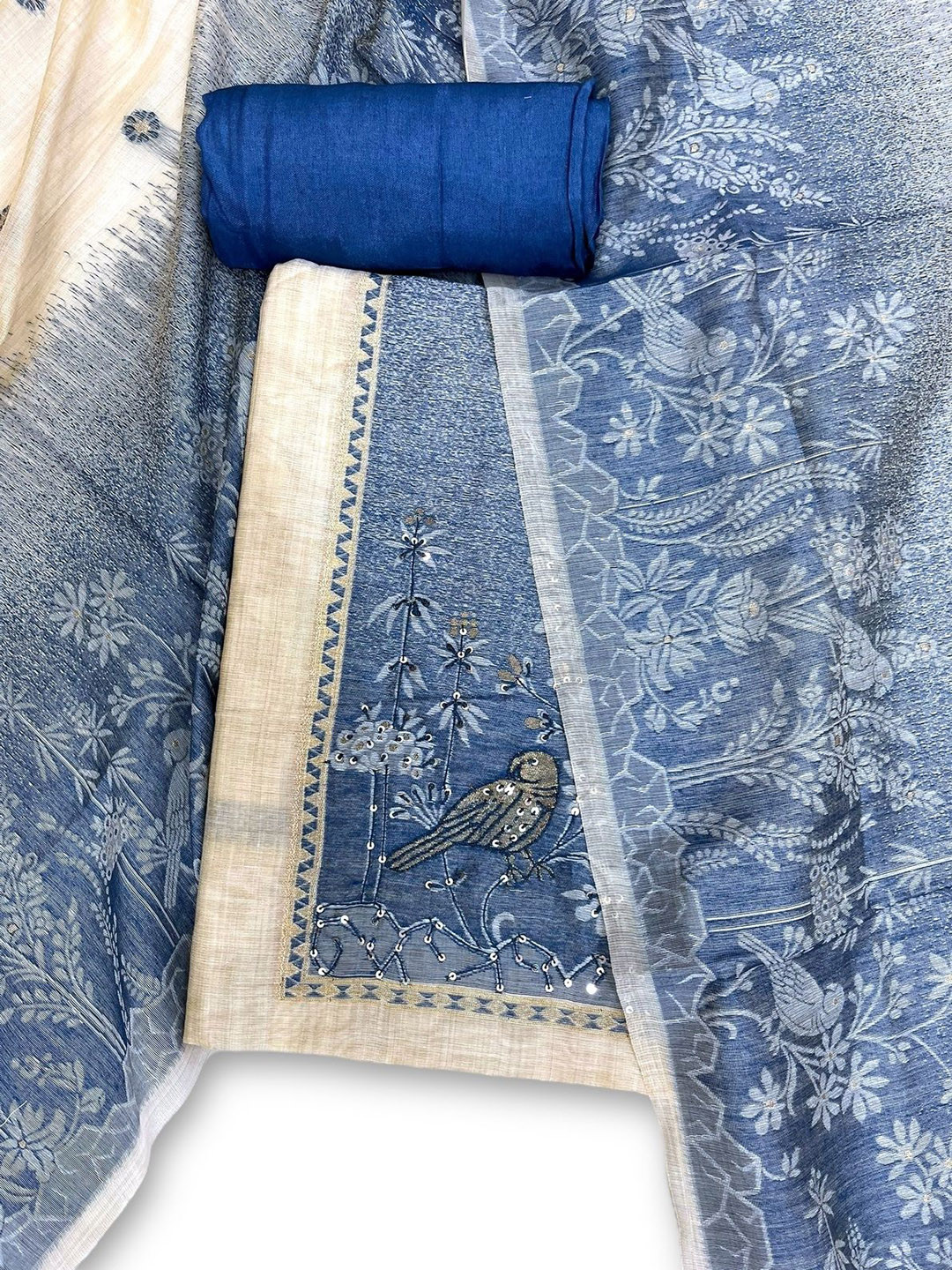 D tales Floral Embroidered Thread Work Linen Unstitched Dress Material