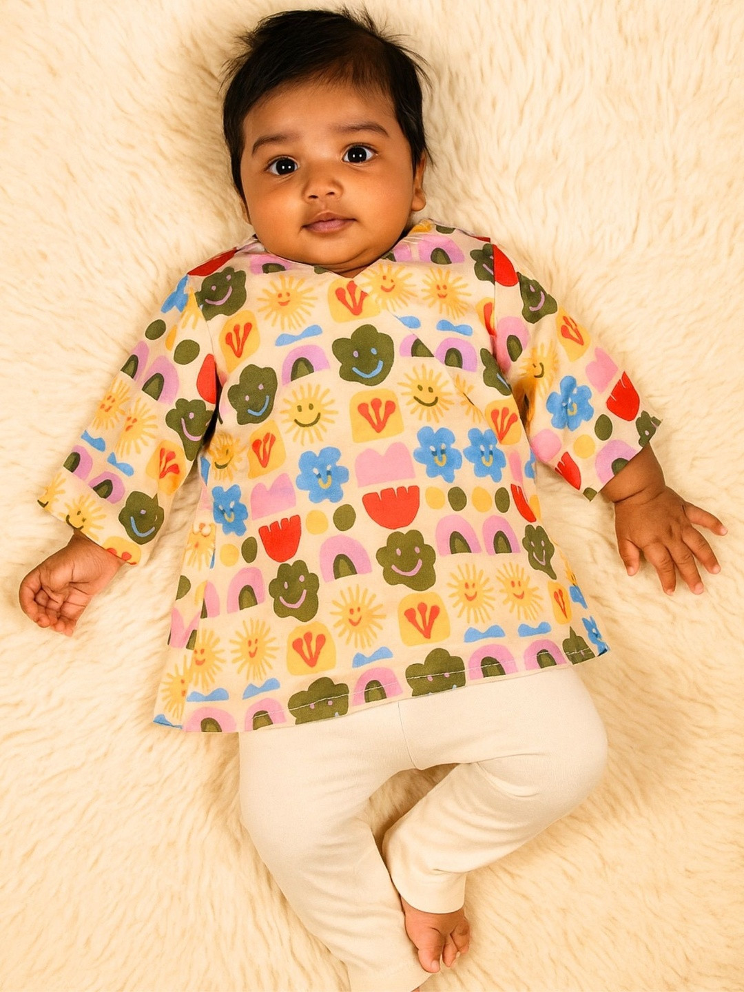 Sangria Girls Smiley Printed Cotton Kurta with Trousers